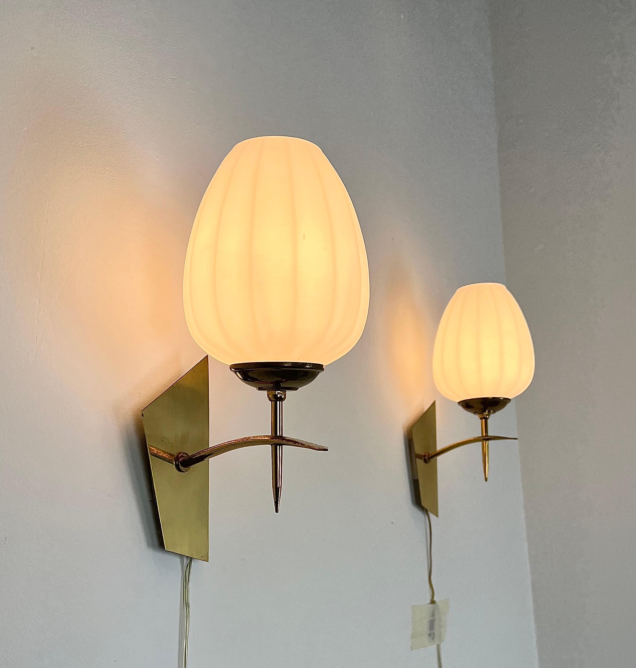 20th Century Pair of Wall lights Sconces Brass Opaline Glass Midcentury Modern Italy 1960s 