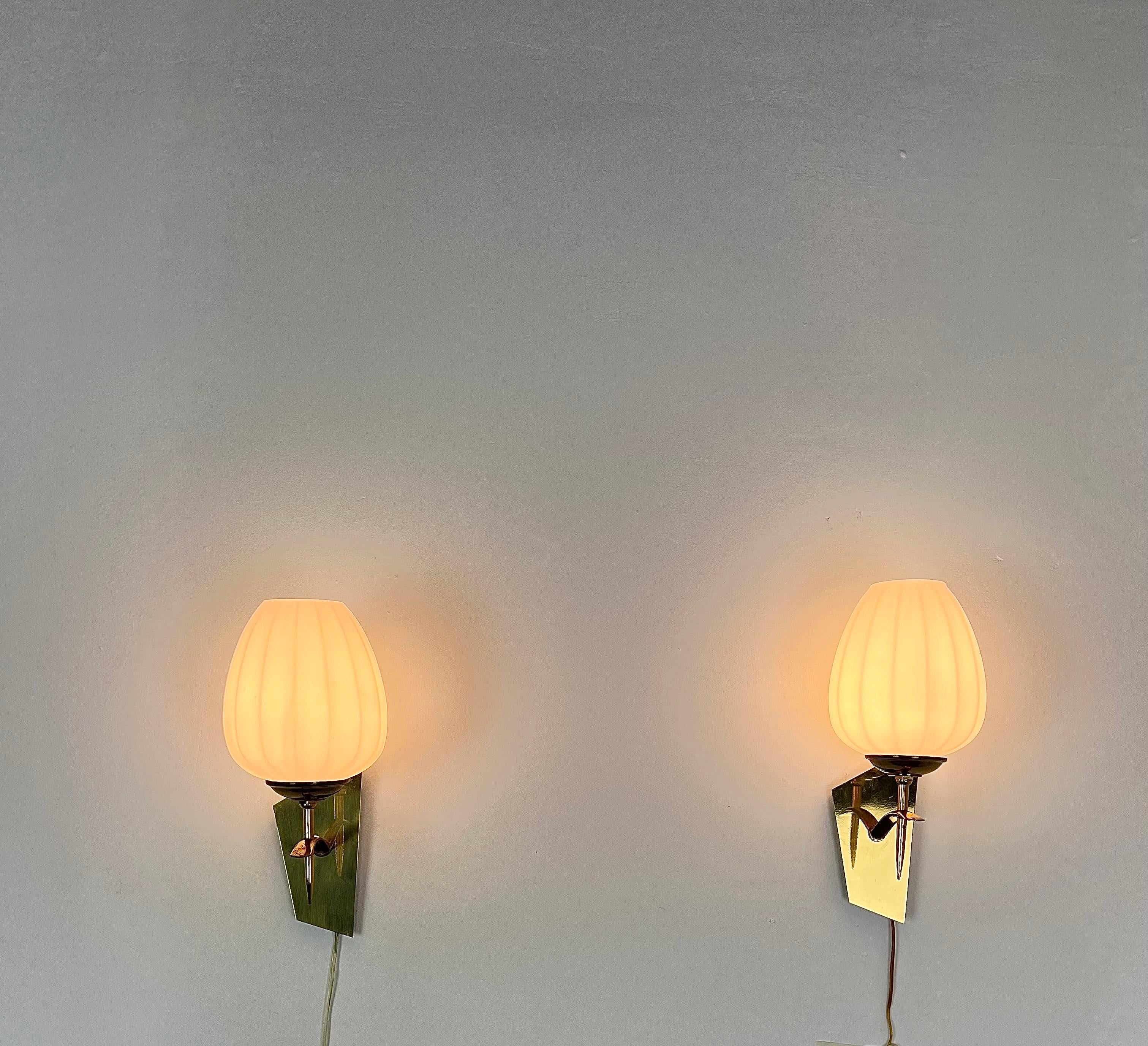 Pair of Wall lights Sconces Brass Opaline Glass Midcentury Modern Italy 1960s  1