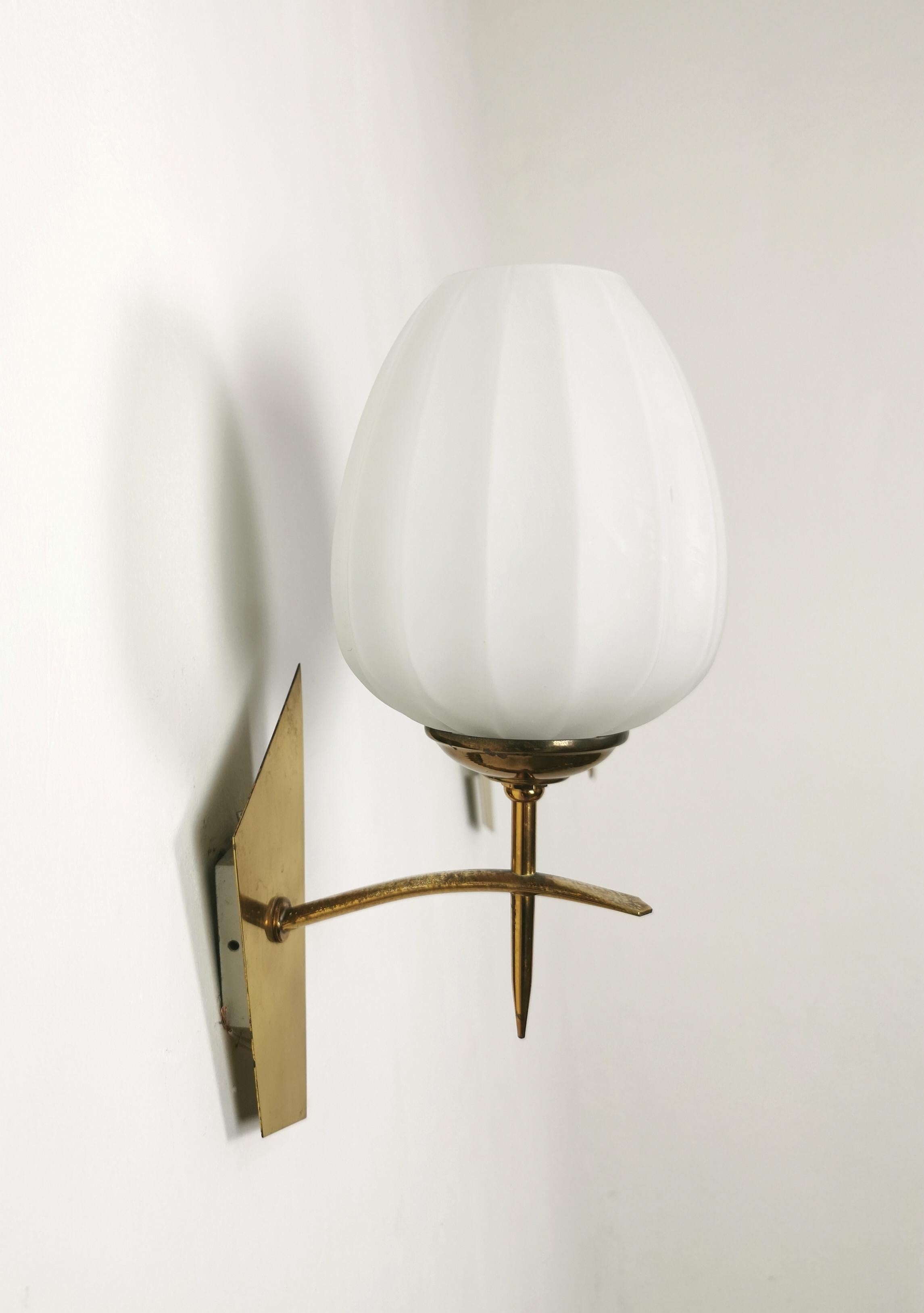 Pair of Wall lights Sconces Brass Opaline Glass Midcentury Modern Italy 1960s  2