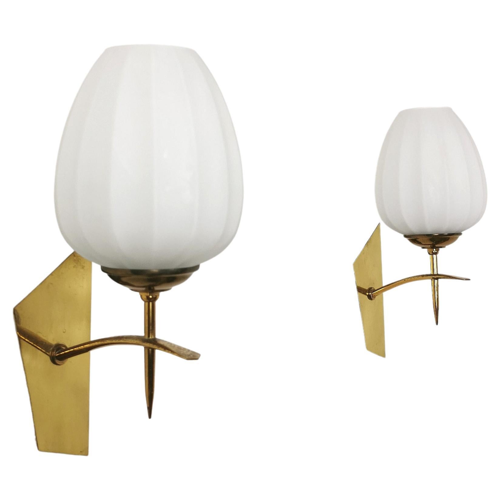 Pair of Wall lights Sconces Brass Opaline Glass Midcentury Modern Italy 1960s 
