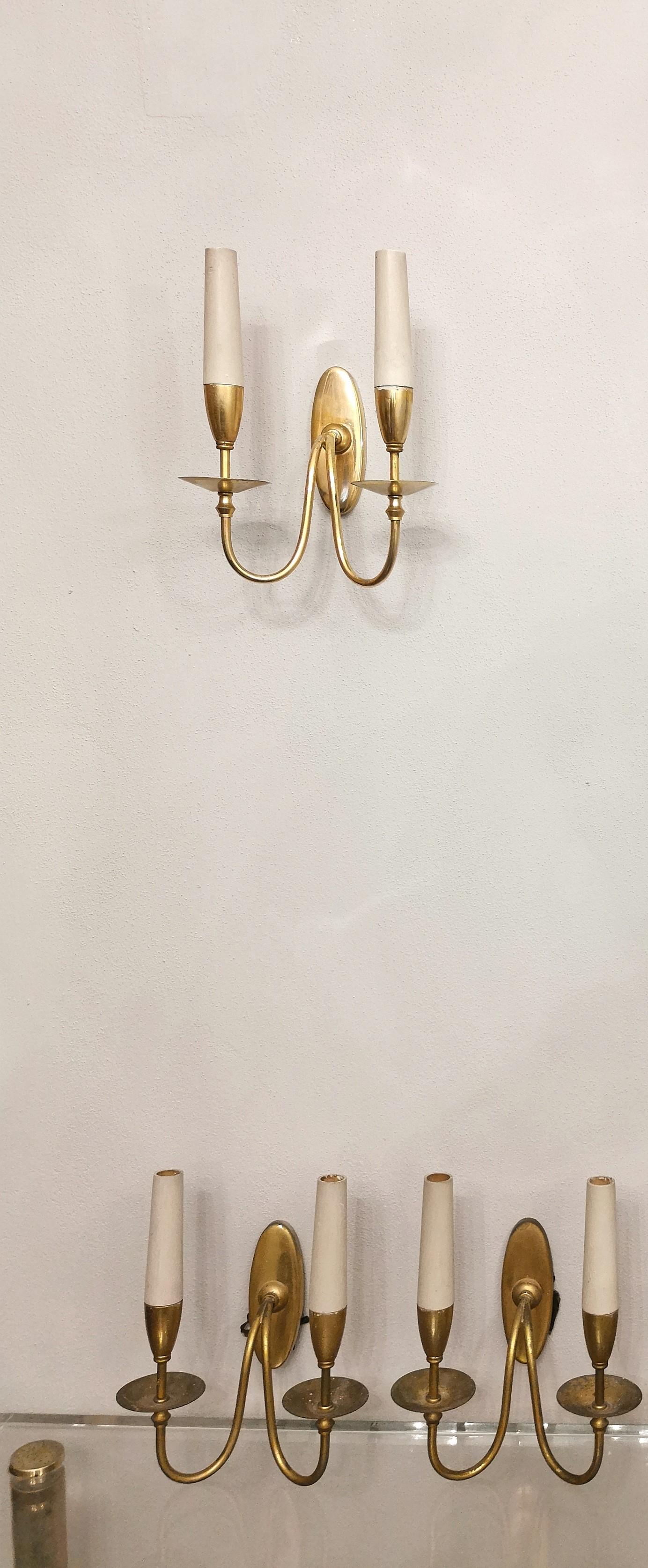 Wall Lights Sconces Brass Wood by Gio Ponti Mid Century Italy 1940s Set of 3 6