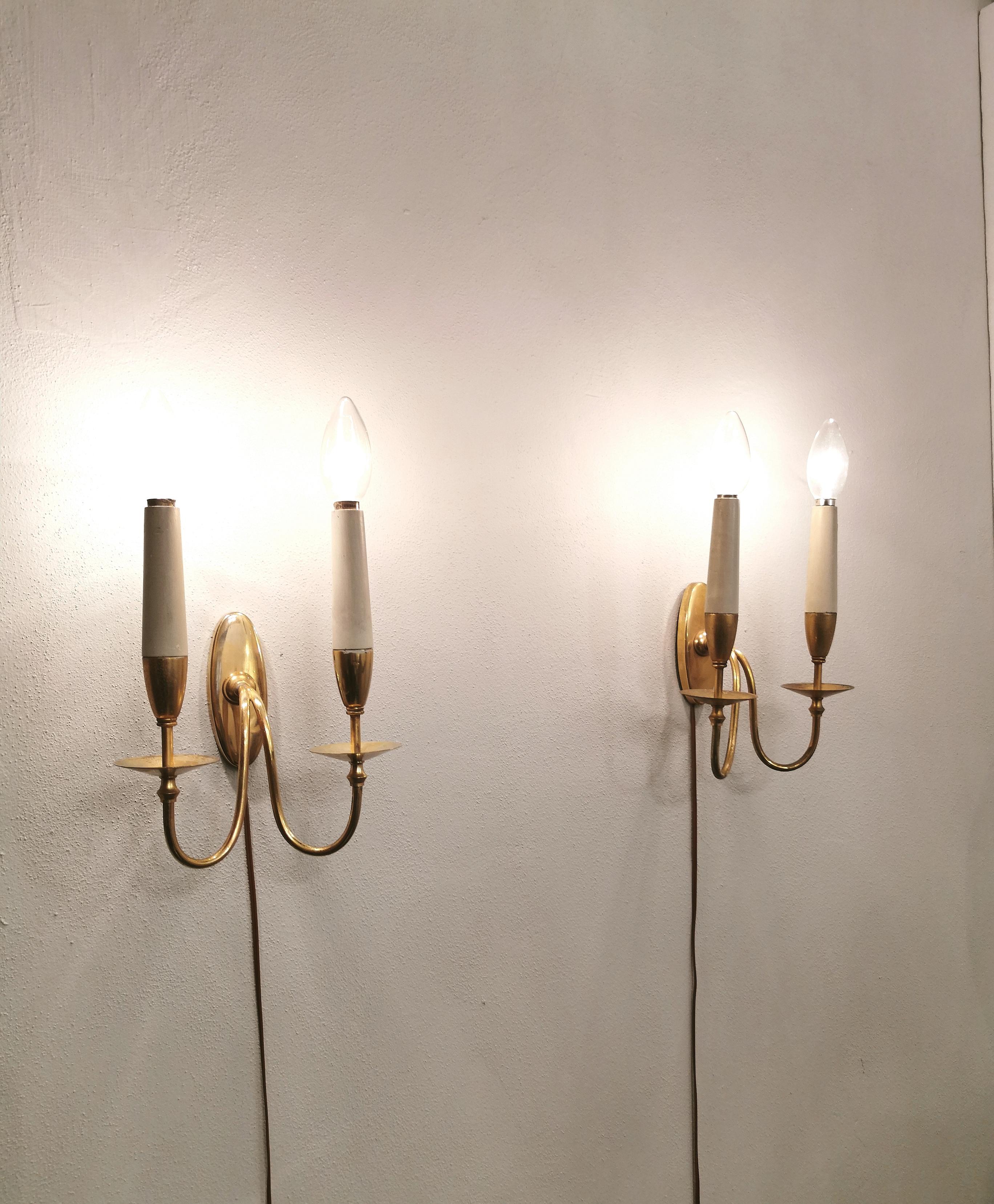 Wall Lights Sconces Brass Wood by Gio Ponti Mid Century Italy 1940s Set of 3 4