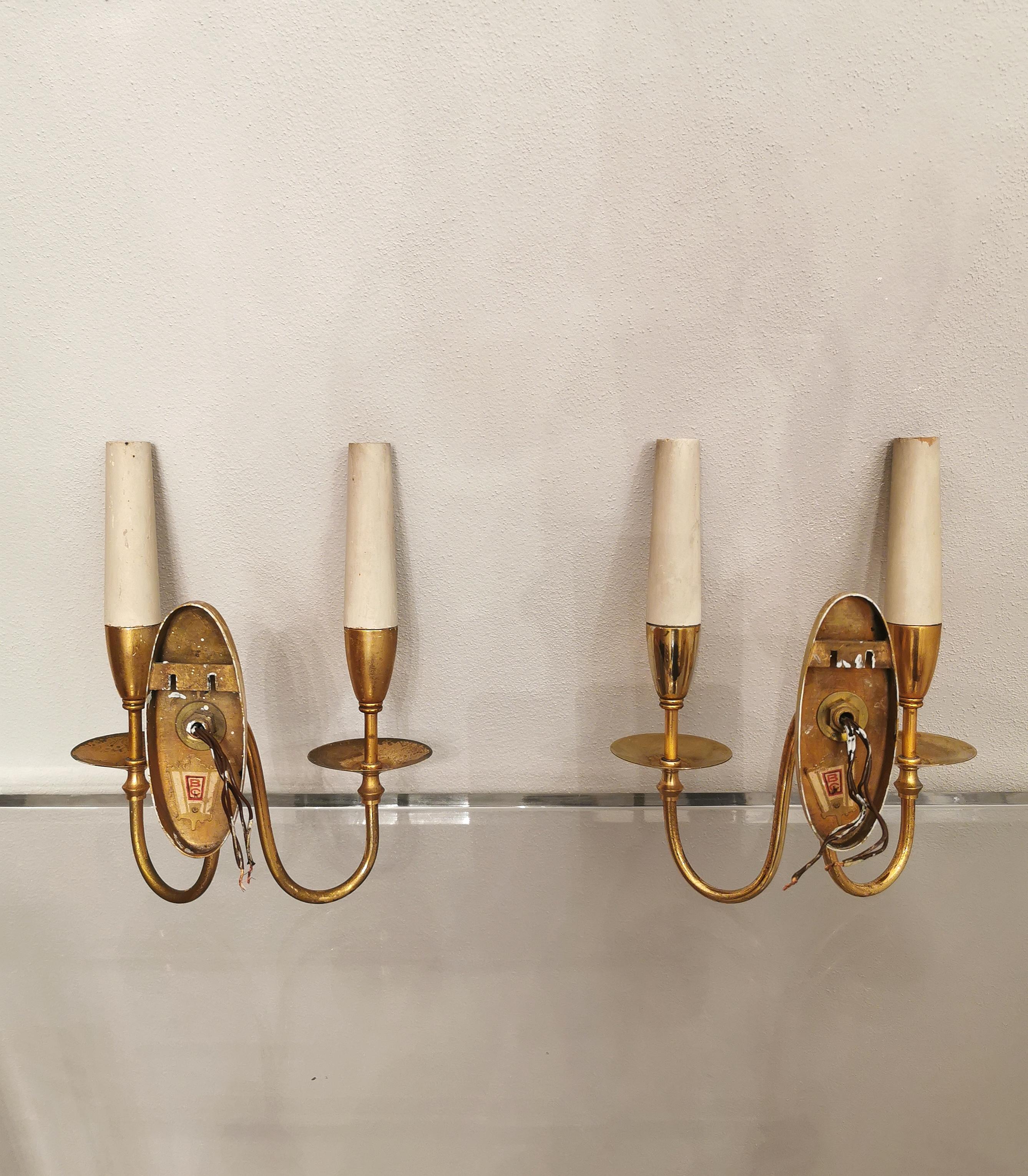 Wall Lights Sconces Brass Wood by Gio Ponti Mid Century Italy 1940s Set of 3 8