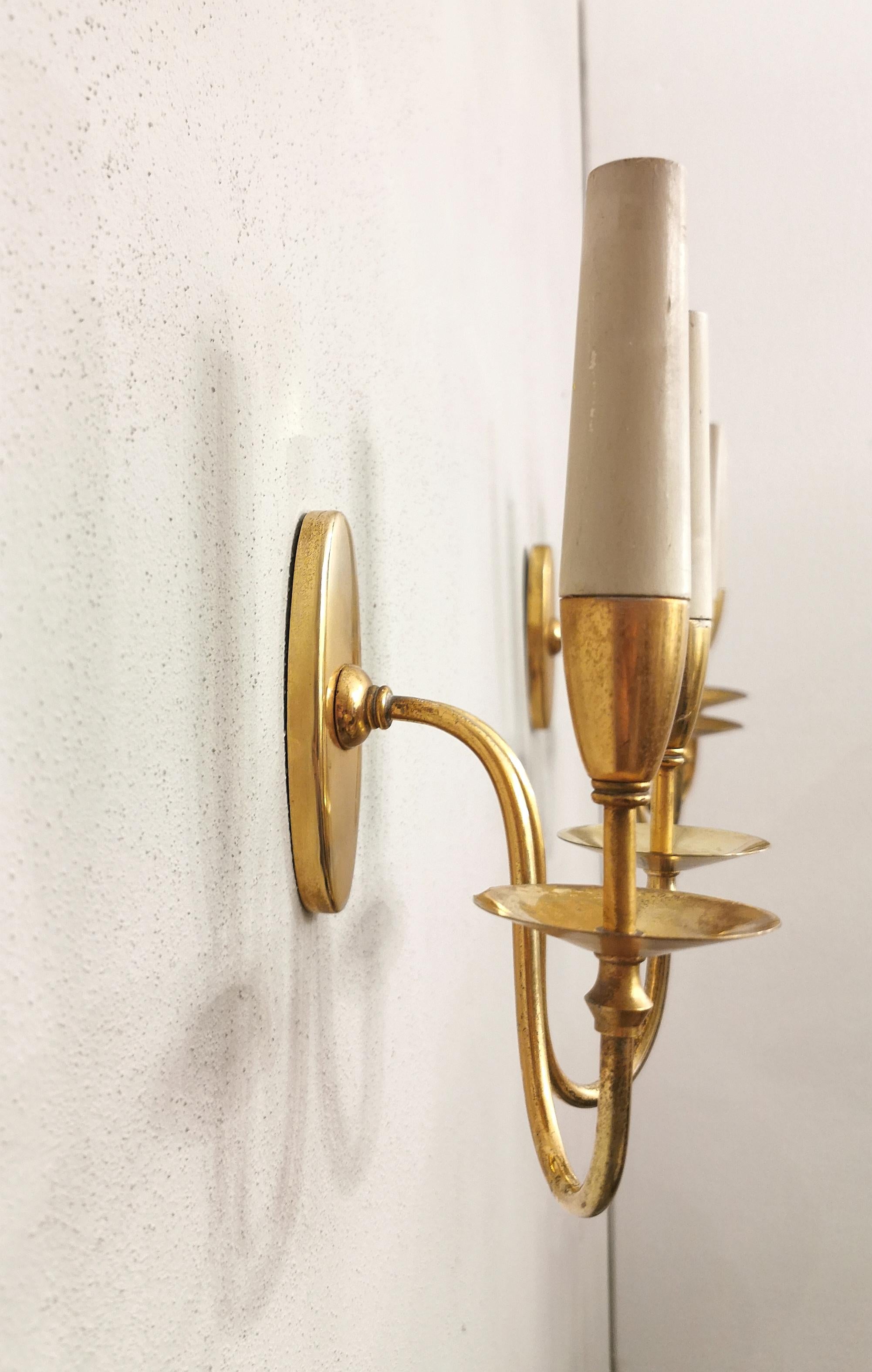 Italian Wall Lights Sconces Brass Wood by Gio Ponti Mid Century Italy 1940s Set of 3