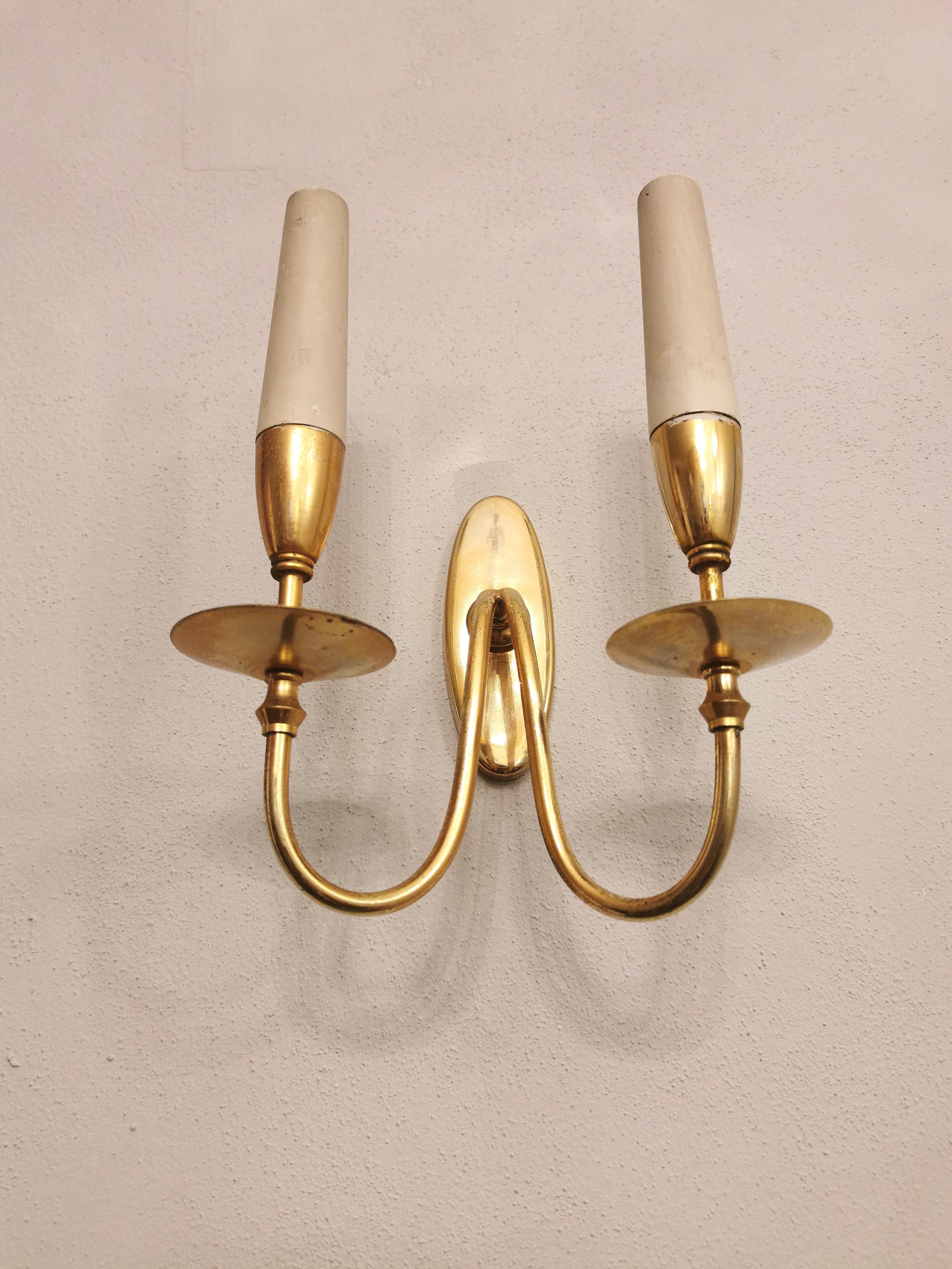 Wall Lights Sconces Brass Wood by Gio Ponti Mid Century Italy 1940s Set of 3 In Fair Condition In Palermo, IT