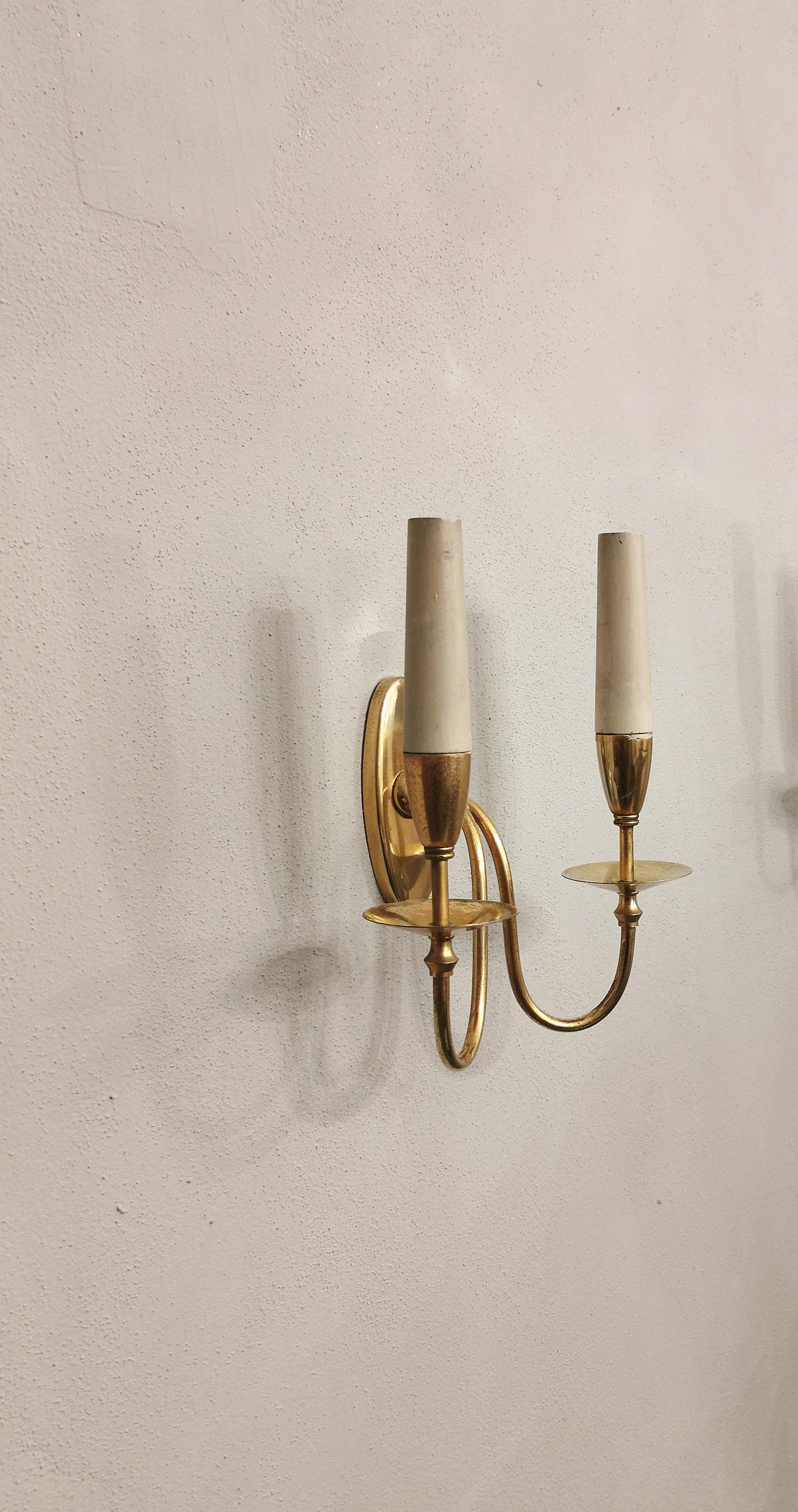 Aluminum Wall Lights Sconces Brass Wood by Gio Ponti Mid Century Italy 1940s Set of 3