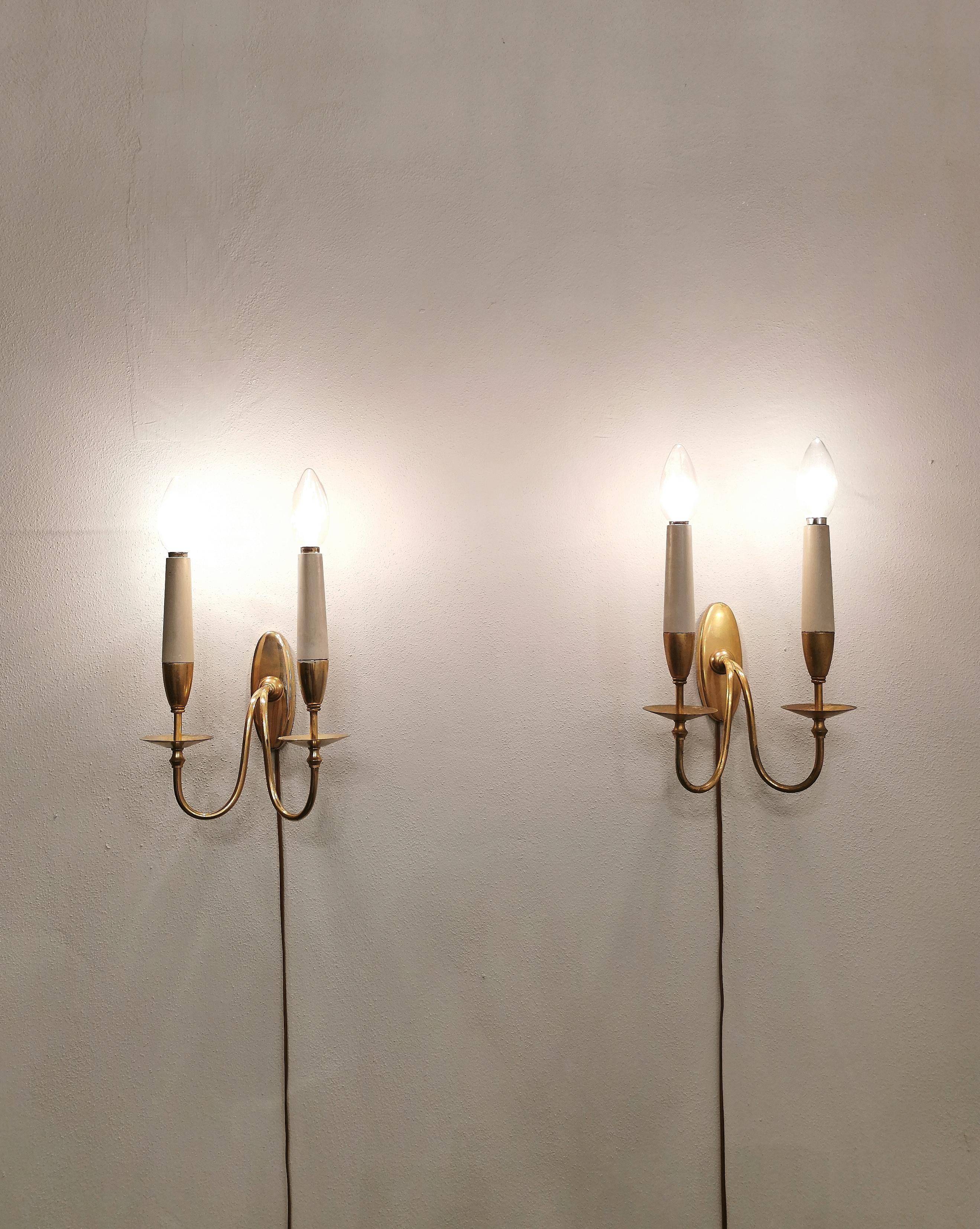 Wall Lights Sconces Brass Wood by Gio Ponti Mid Century Italy 1940s Set of 3 1