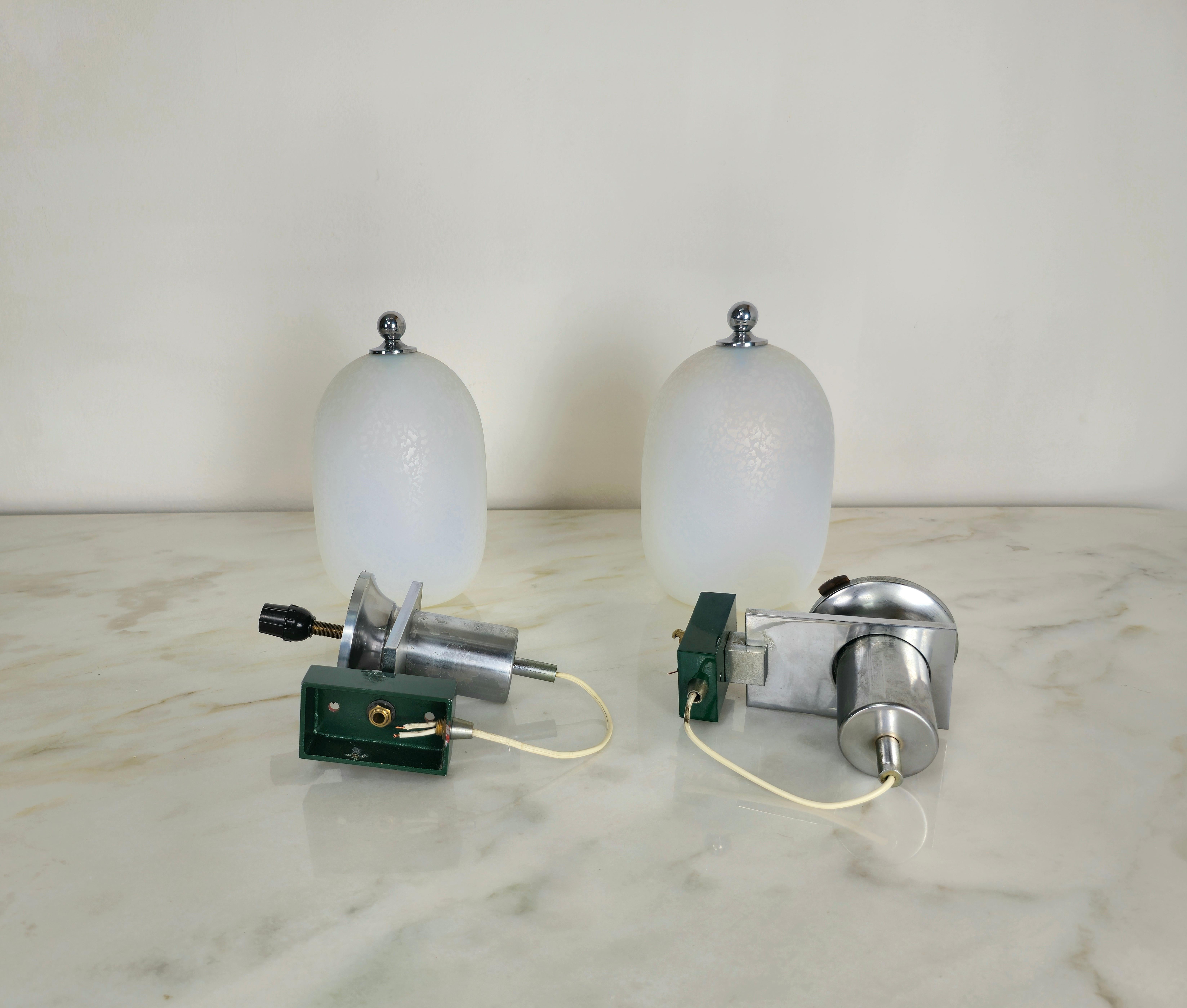Wall Lights Sconces Etched Glass Chromed Brass Midcentury Italy 1970s Set of 2 For Sale 7