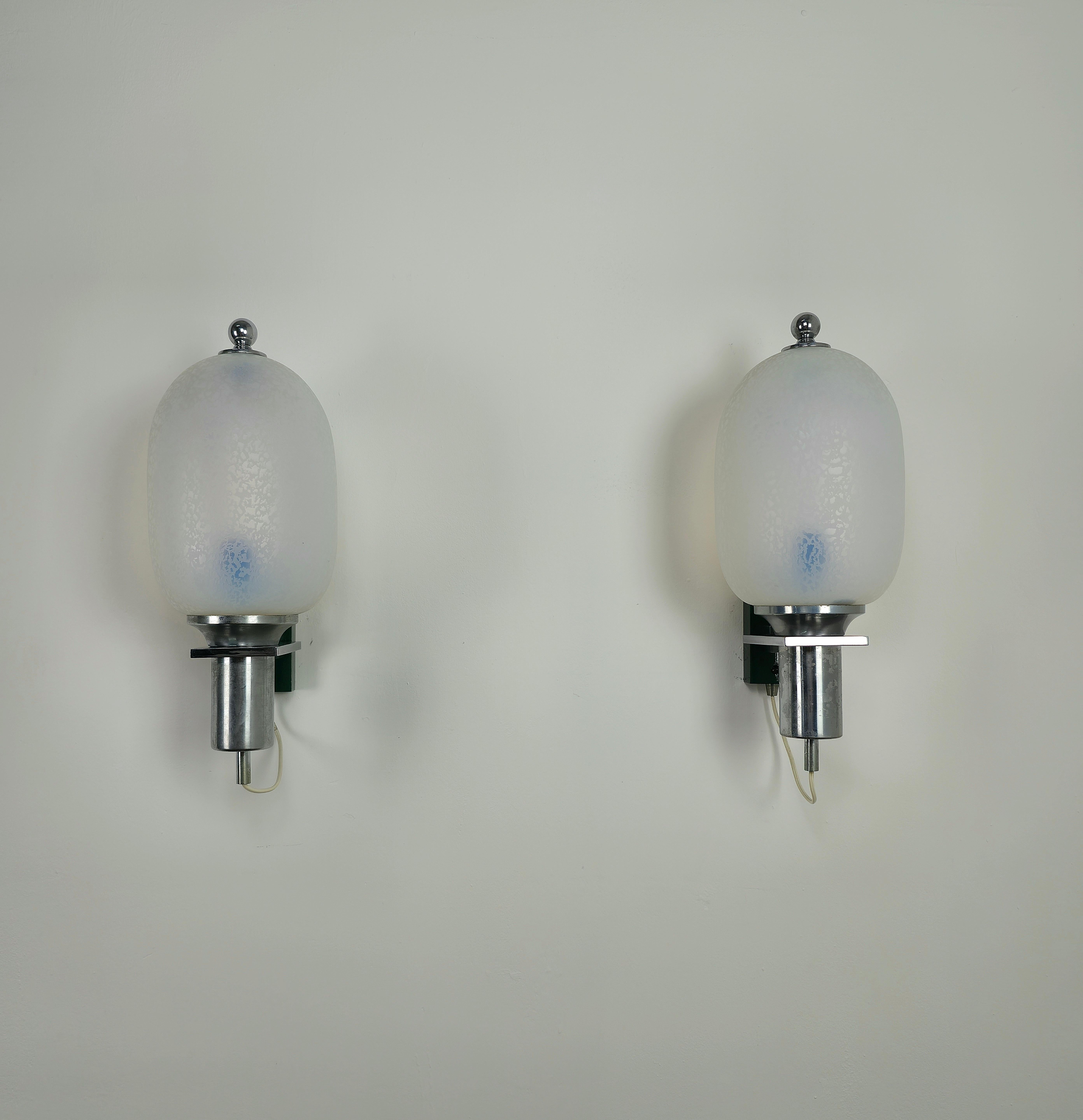 Wall Lights Sconces Etched Glass Chromed Brass Midcentury Italy 1970s Set of 2 For Sale 1