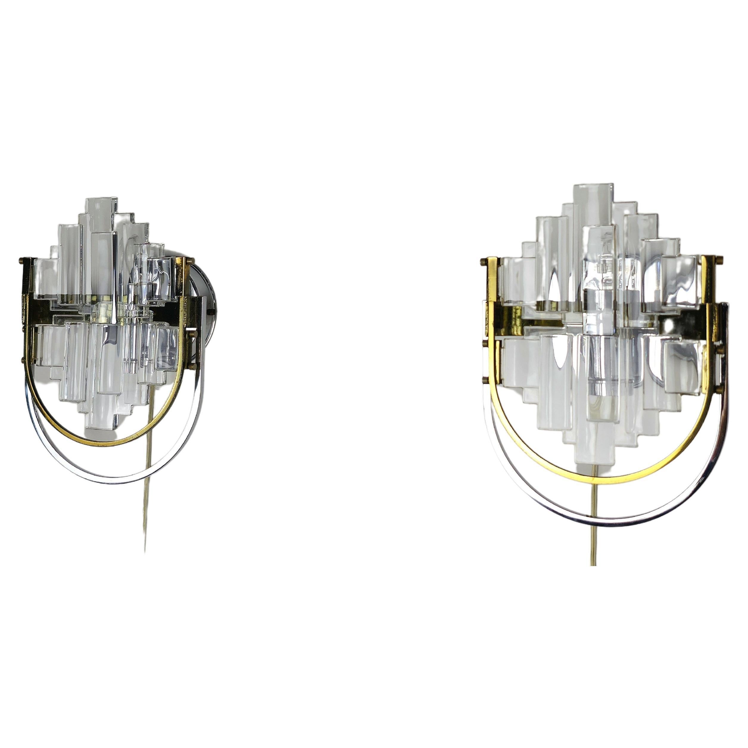 Pair of Wall Lights Sconces Gaetano Sciolari Stilkronen Glass Metal Midcentury  For Sale