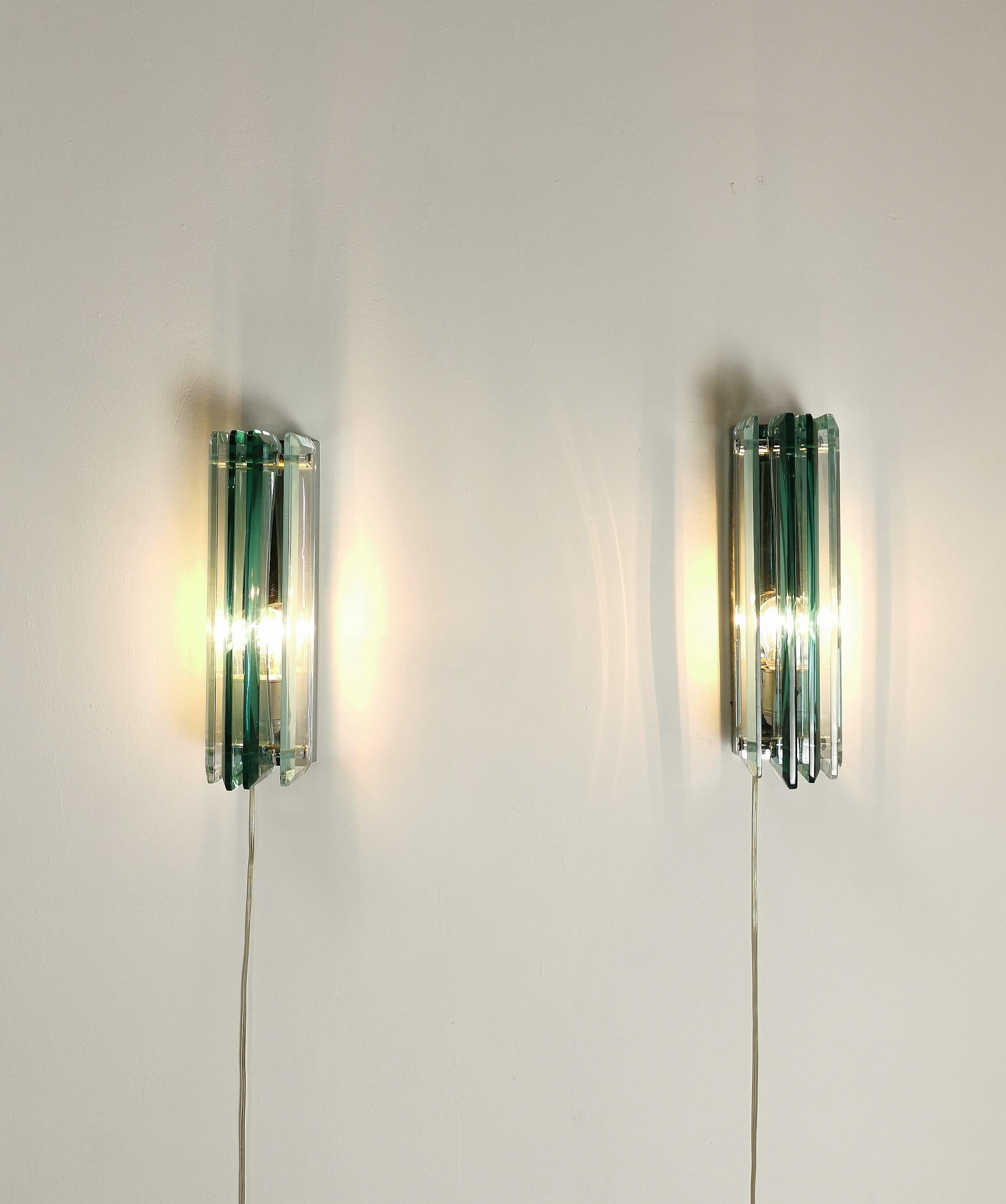Wall Lights Sconces Glass Chromed Brass Attributed to Cristal Art 1970s Set of 2 For Sale 3