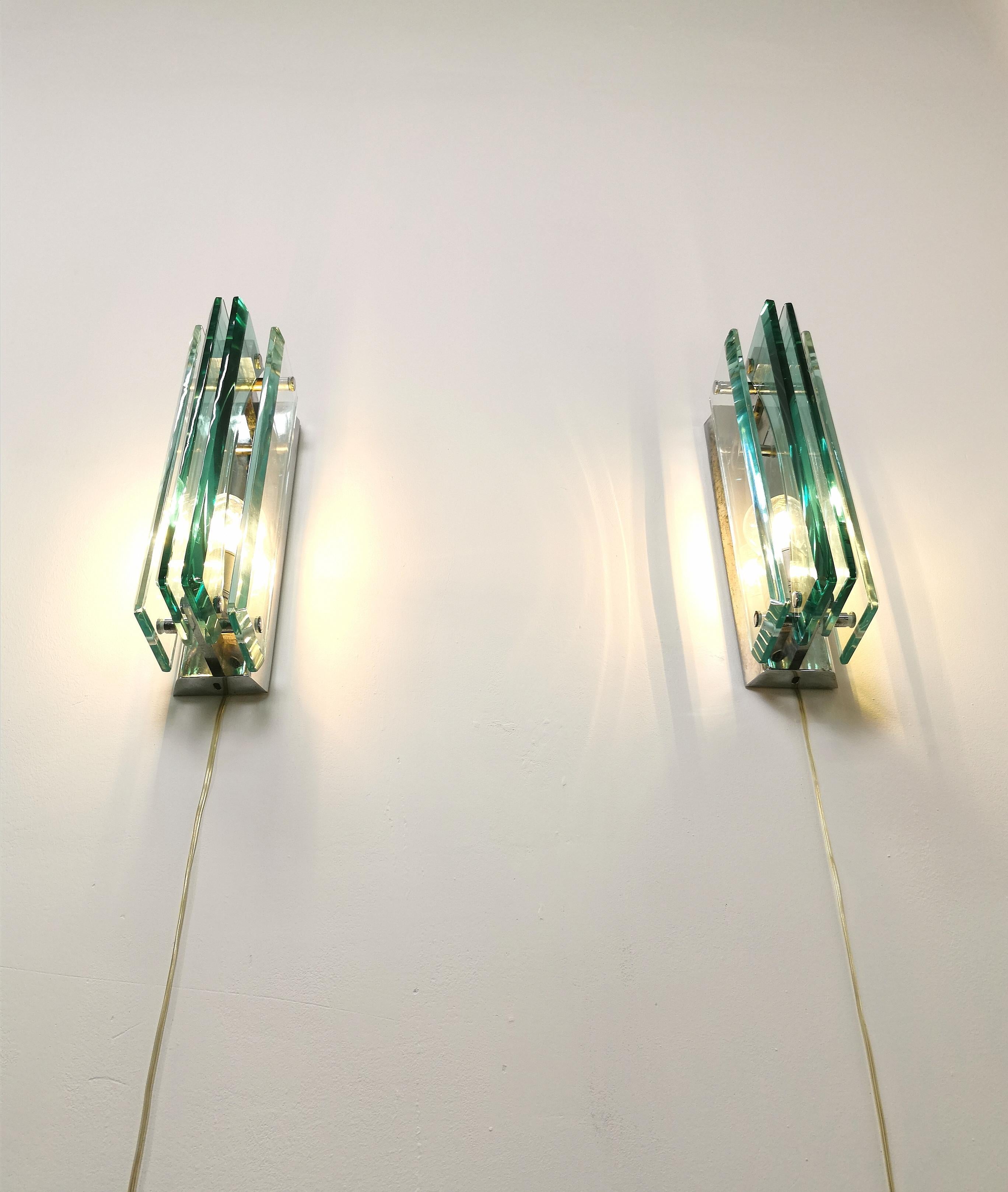 Italian Wall Lights Sconces Glass Chromed Brass Attributed to Cristal Art 1970s Set of 2 For Sale
