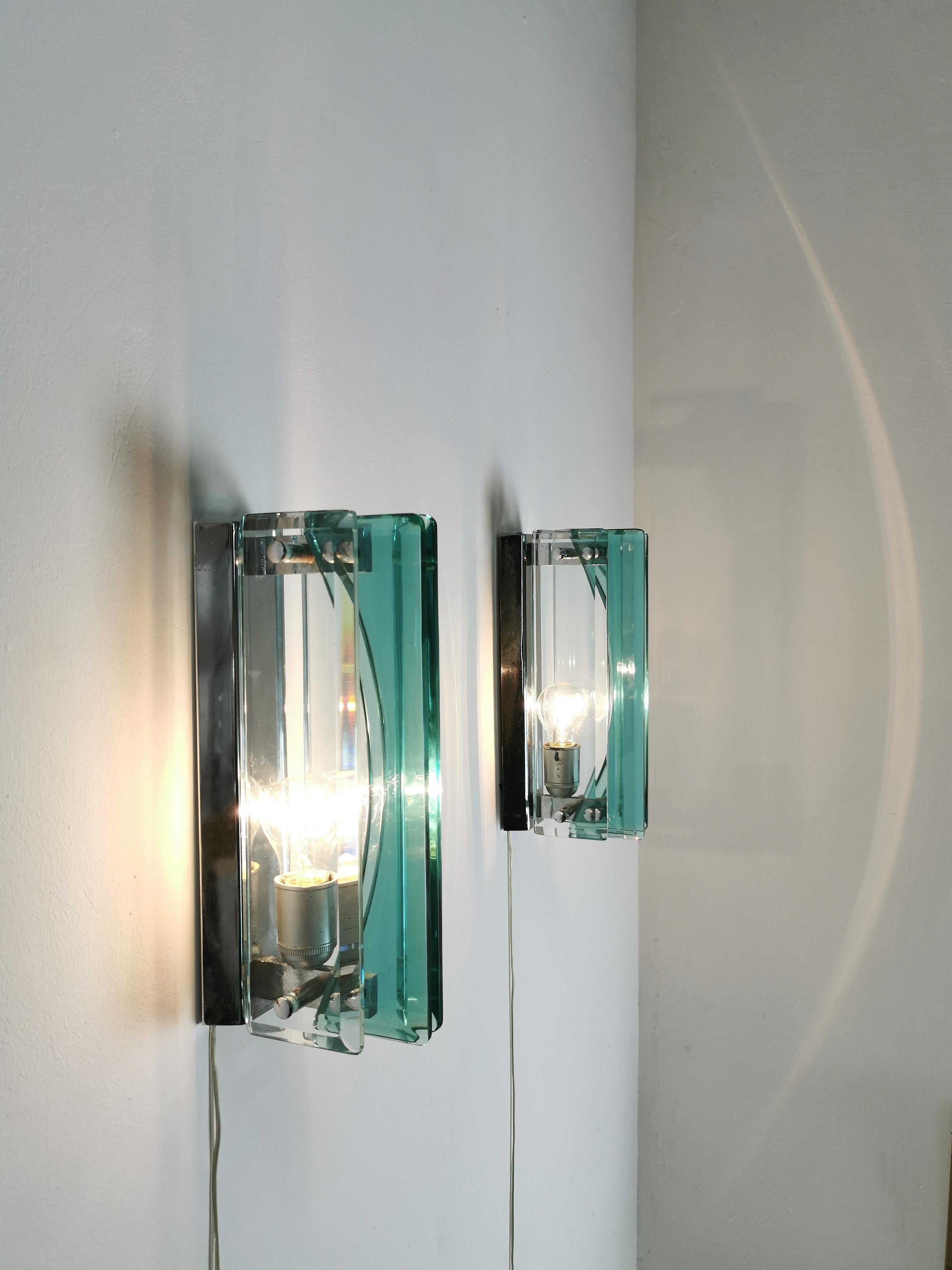 20th Century Wall Lights Sconces Glass Chromed Brass Attributed to Cristal Art 1970s Set of 2 For Sale