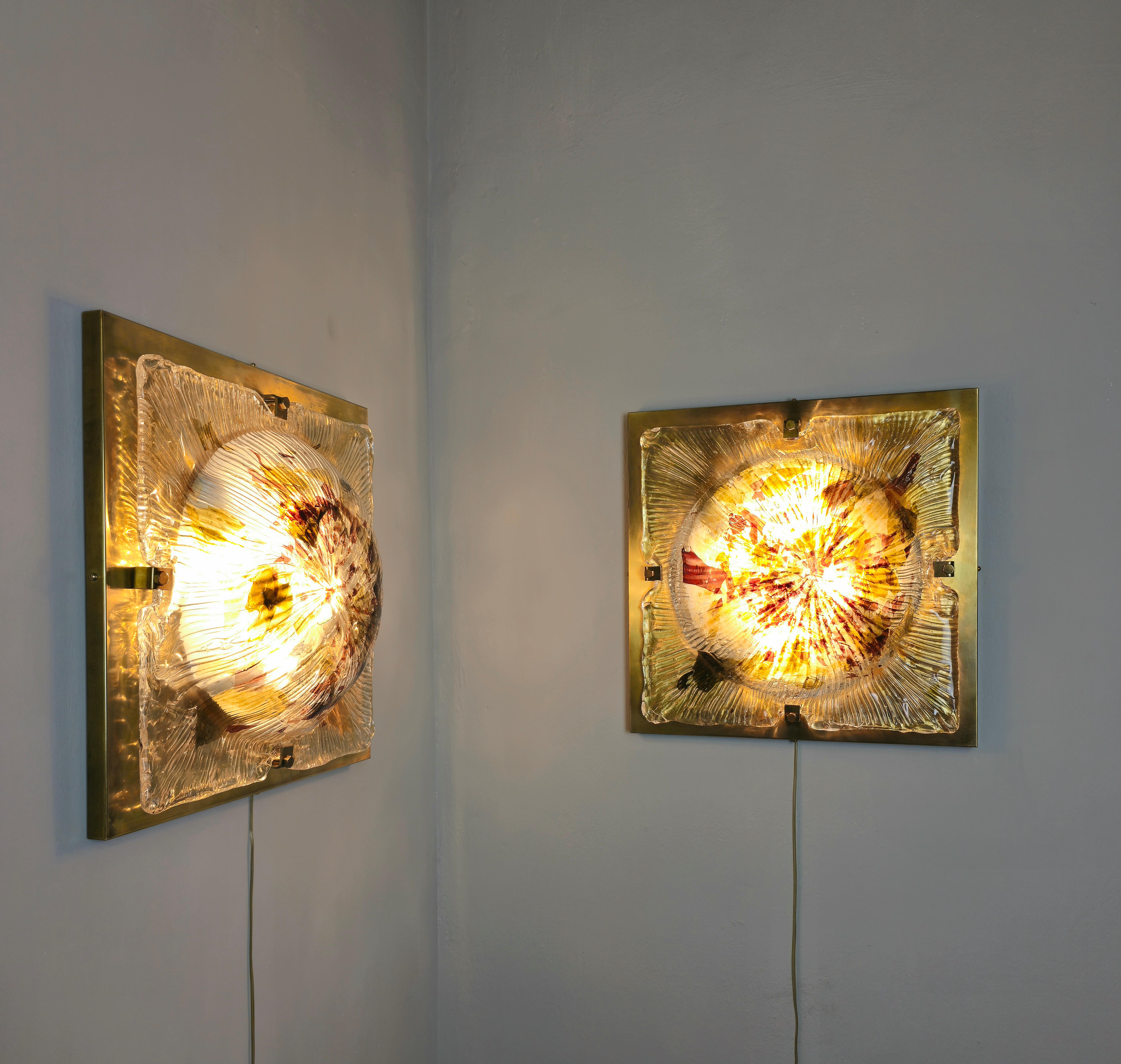 Wall Lights Sconces Murano Glass Brass Midcentury Italy 1970s Set of 2 For Sale 8