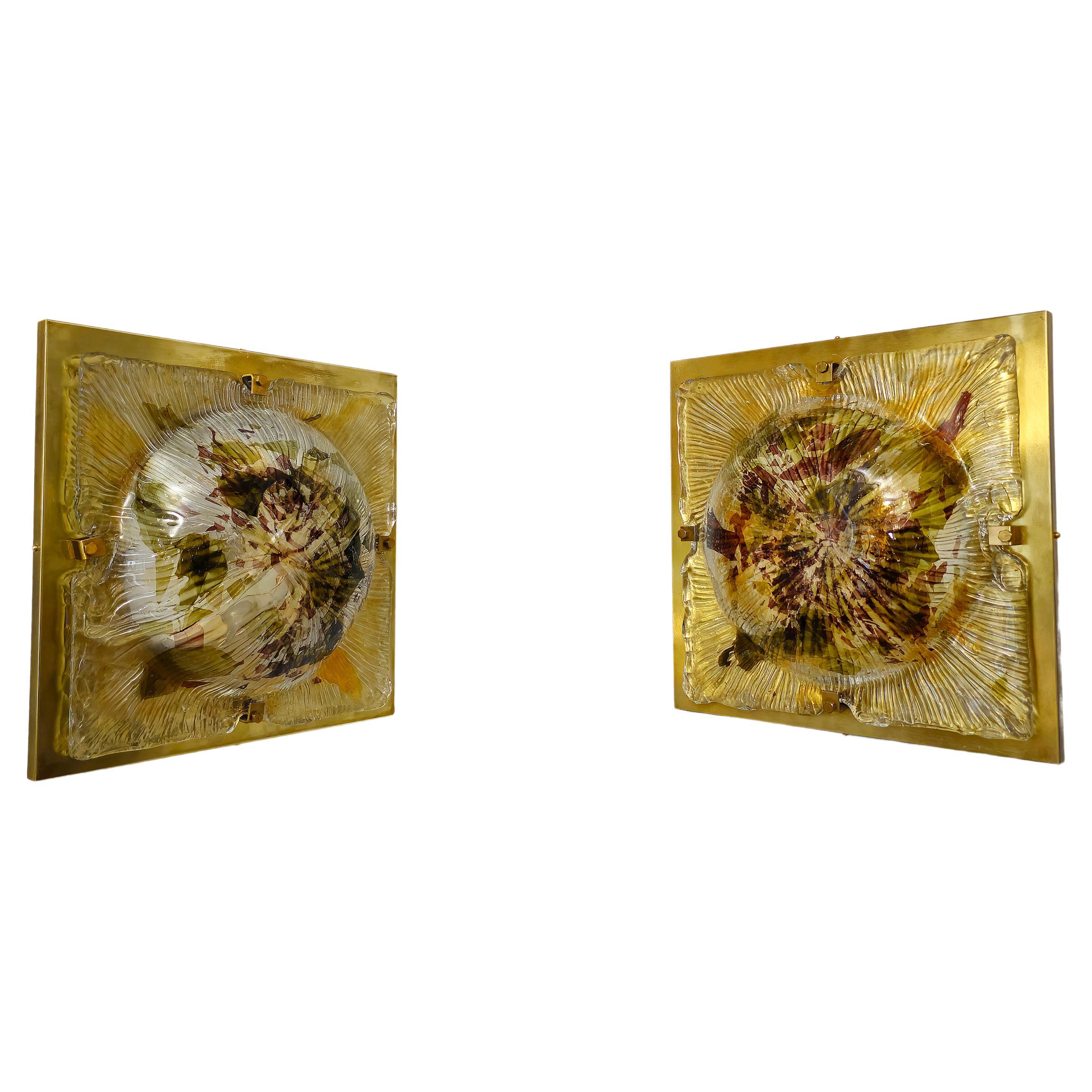 Wall Lights Sconces Murano Glass Brass Midcentury Italy 1970s Set of 2 For Sale