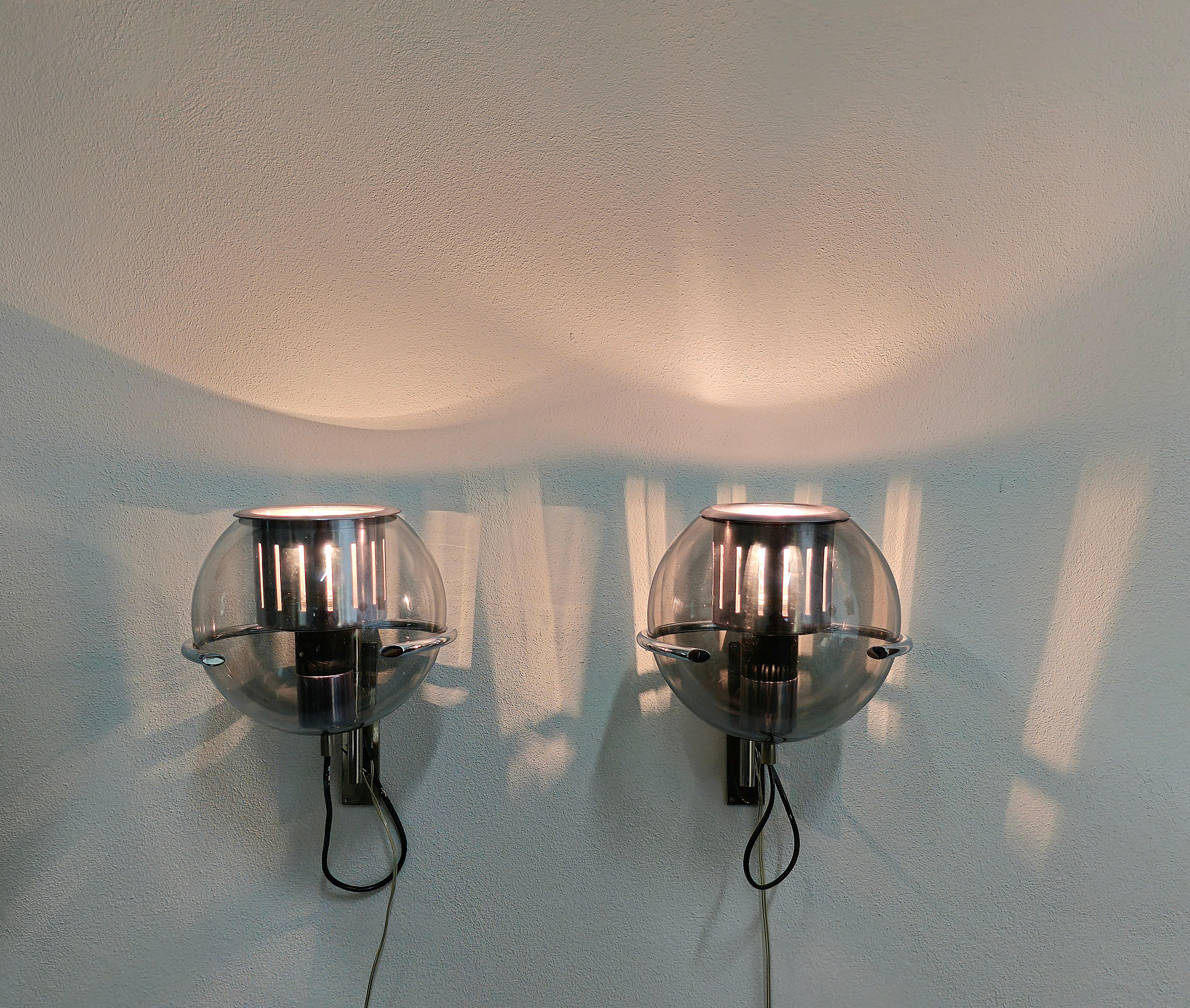 Italian Wall Lights Smoked Glass Brass Metal Style of Luigi Caccia Dominioni Set of 2 
