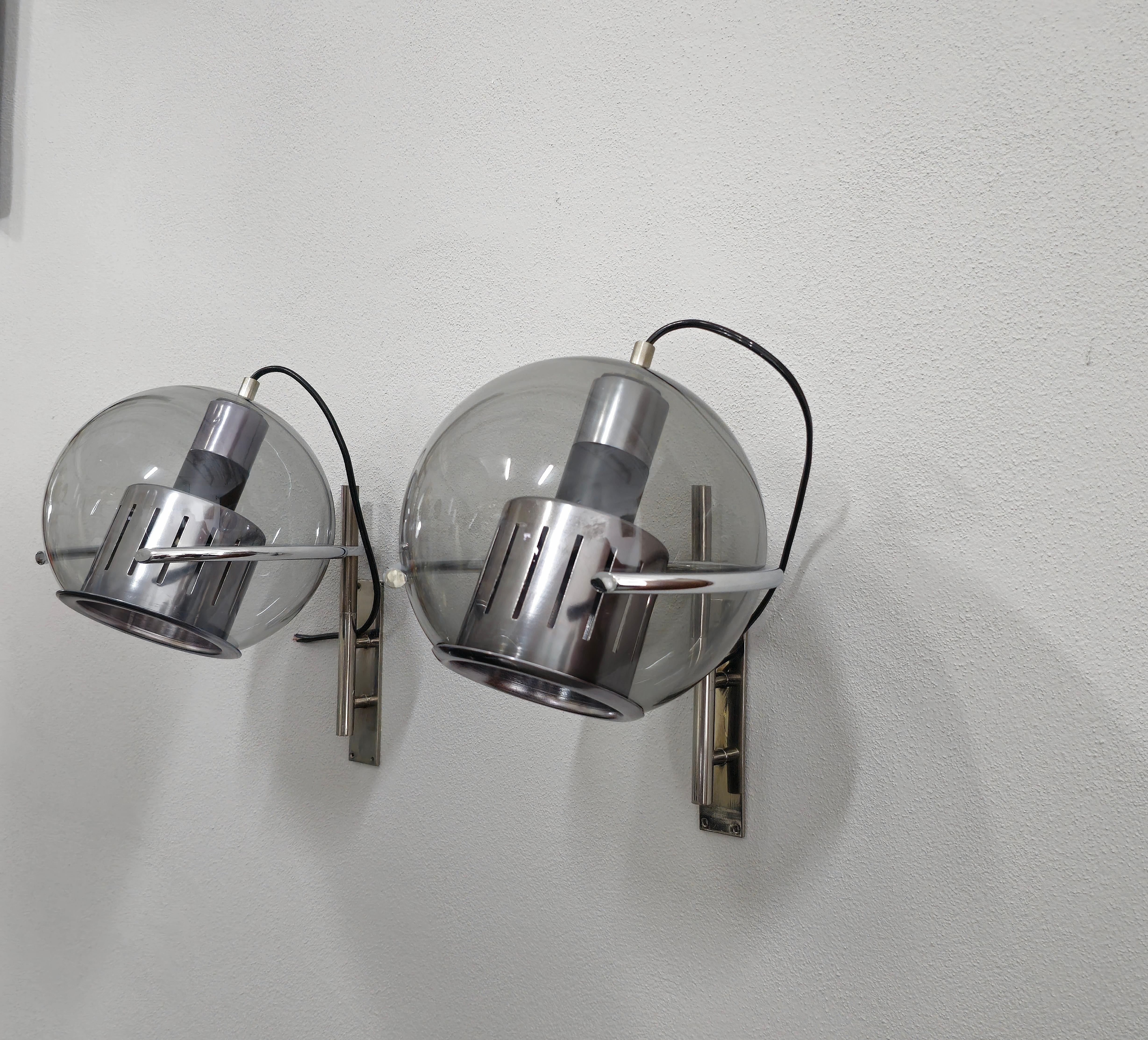 Wall Lights Smoked Glass Brass Metal Style of Luigi Caccia Dominioni Set of 2  In Good Condition In Palermo, IT