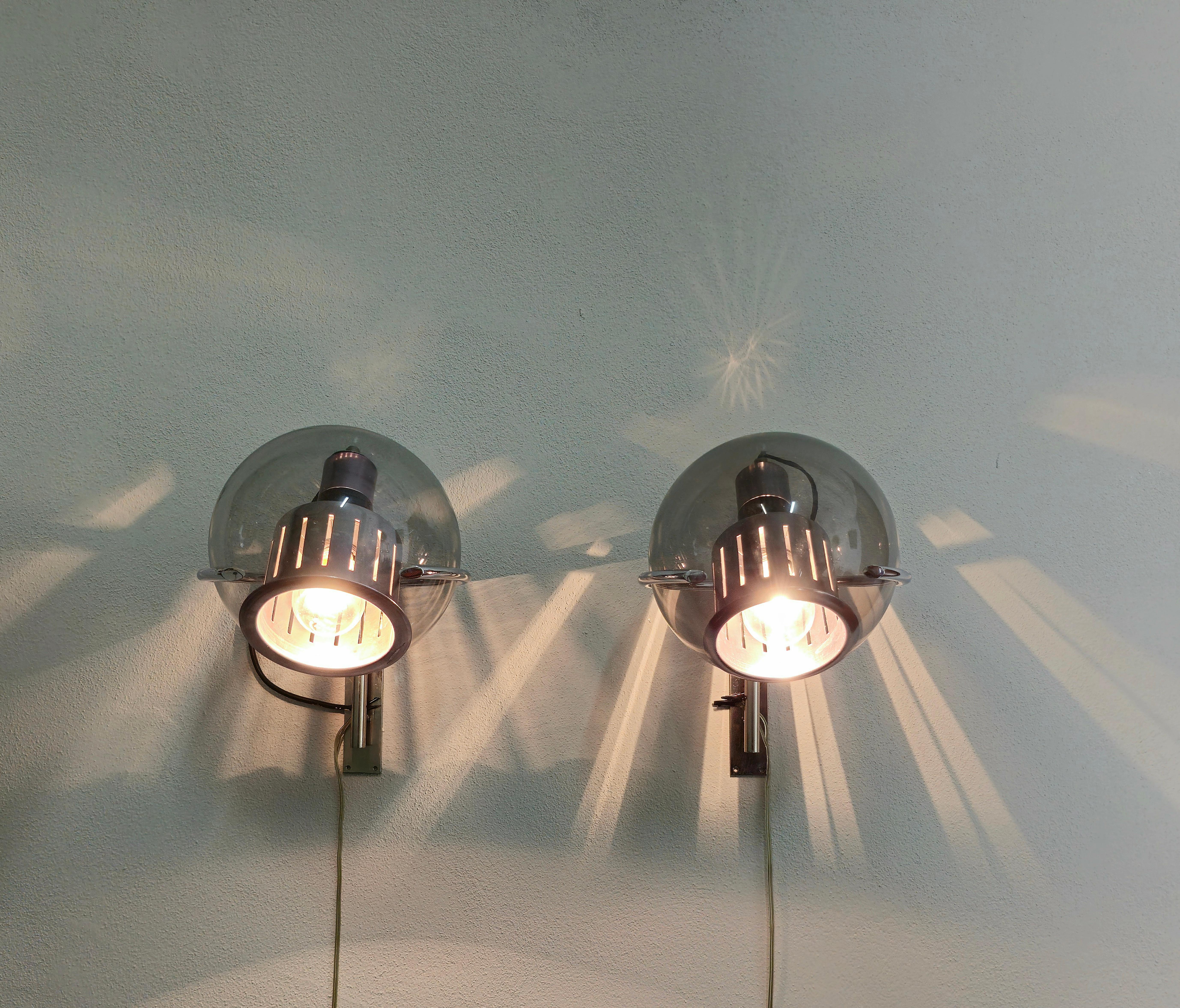20th Century Wall Lights Smoked Glass Brass Metal Style of Luigi Caccia Dominioni Set of 2 