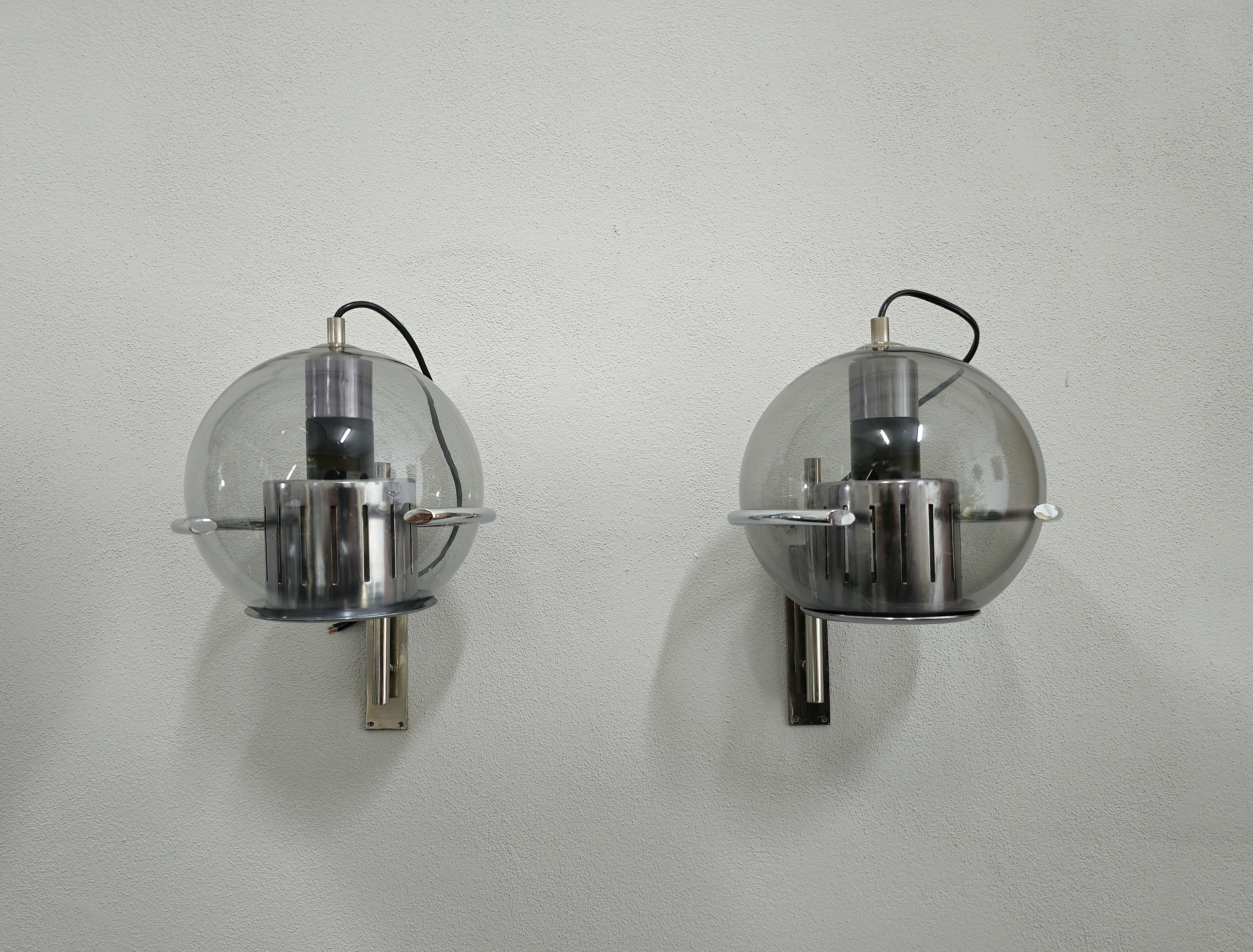 Wall Lights Smoked Glass Brass Metal Style of Luigi Caccia Dominioni Set of 2  1