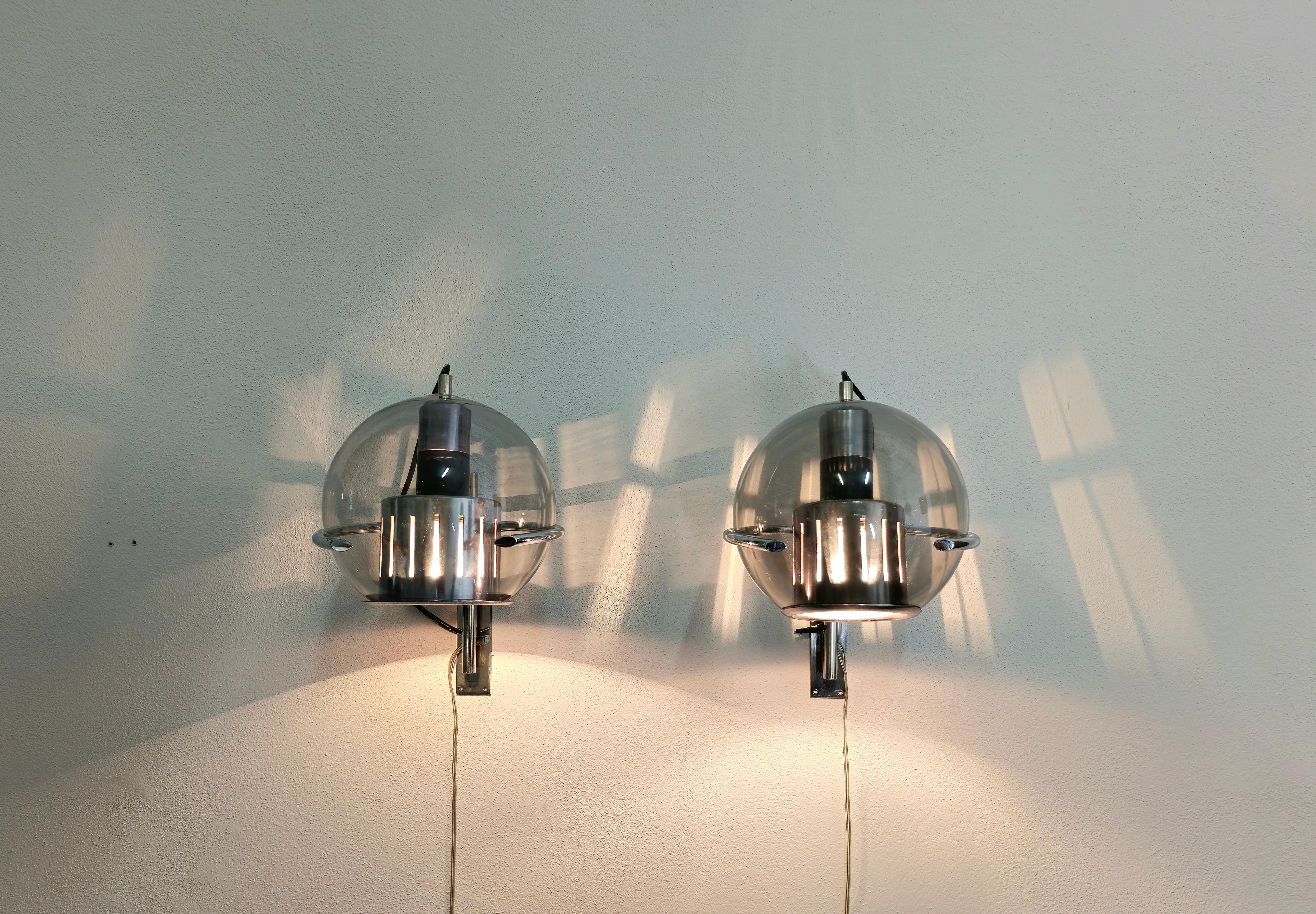 Wall Lights Smoked Glass Brass Metal Style of Luigi Caccia Dominioni Set of 2  2