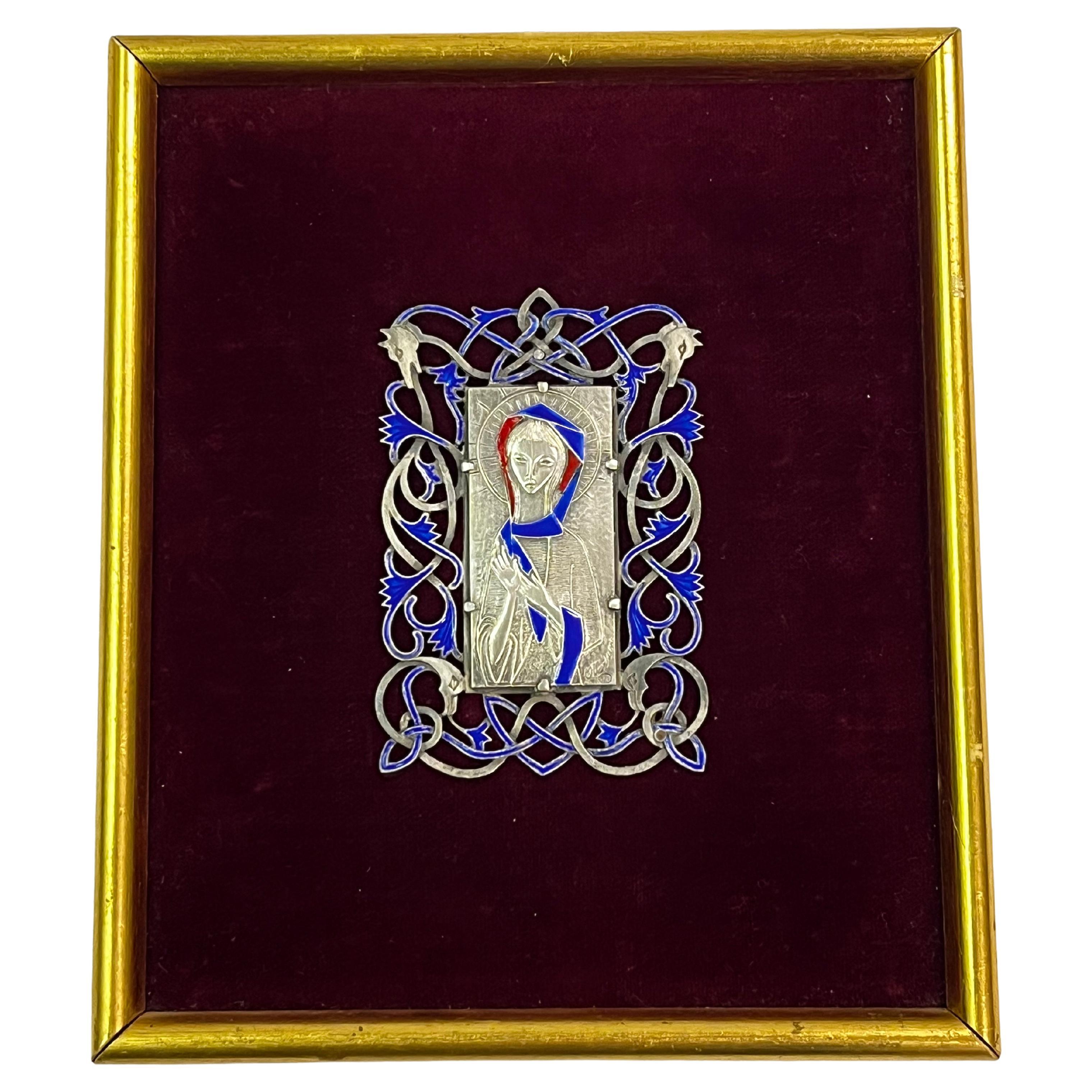 Wall Madonna celtic Mother Mary sterling silver 925 enamel Ottaviani 1960s Italy For Sale