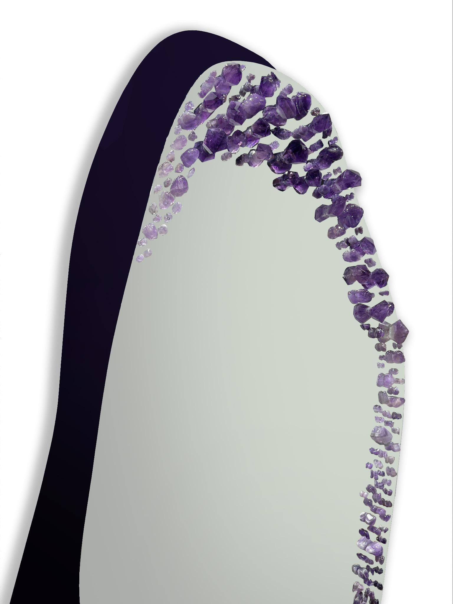 Swiss Wall Mirror, Adorned with Amethysts, Handmade by Aline Erbeia For Sale