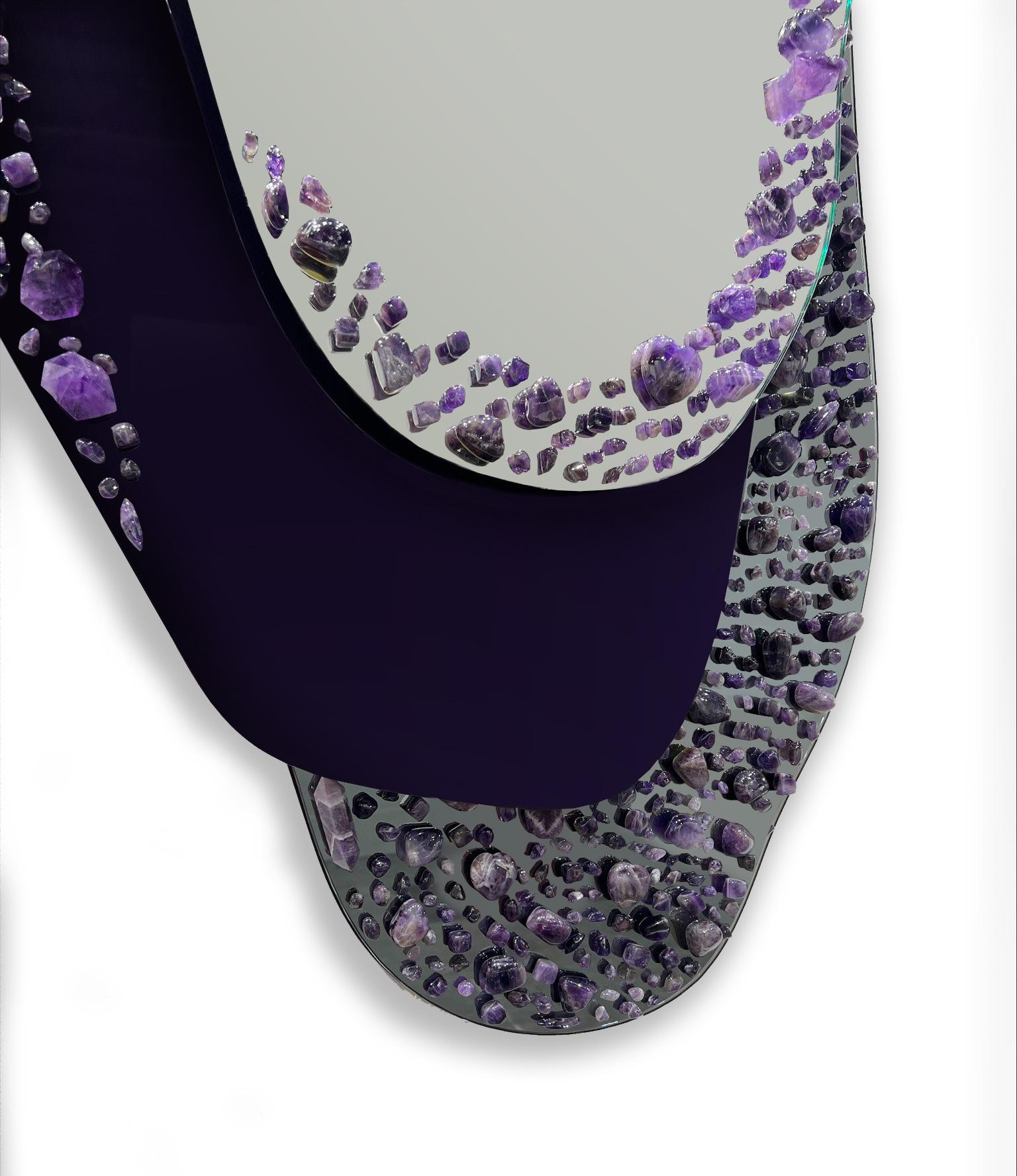Wall Mirror, Adorned with Amethysts, Handmade by Aline Erbeia In New Condition For Sale In GENEVA, CH