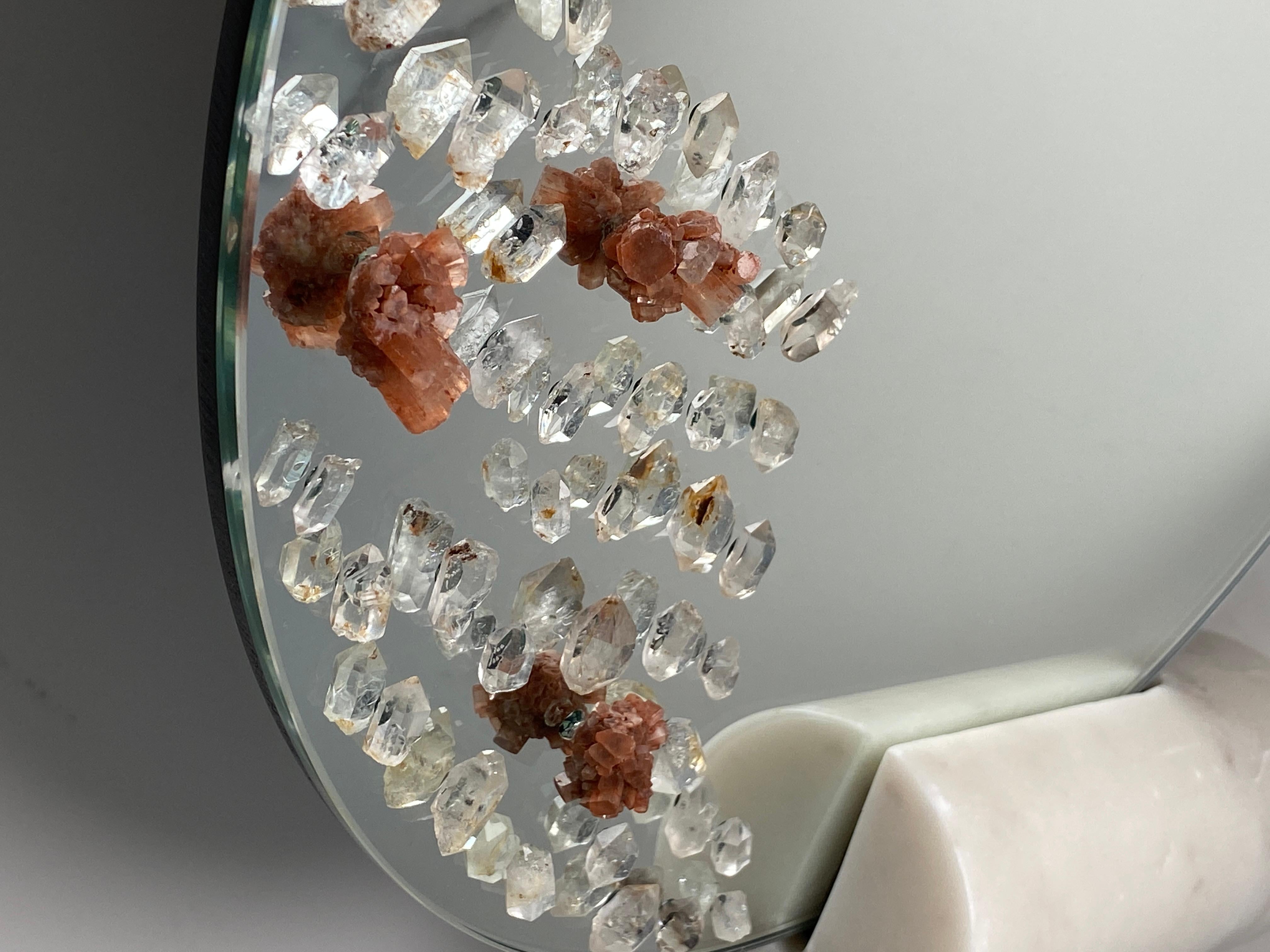Swiss Wall Mirror, Adorned with Aragonites, Herkimer Diamonds Handmade by Aline Erbeia For Sale