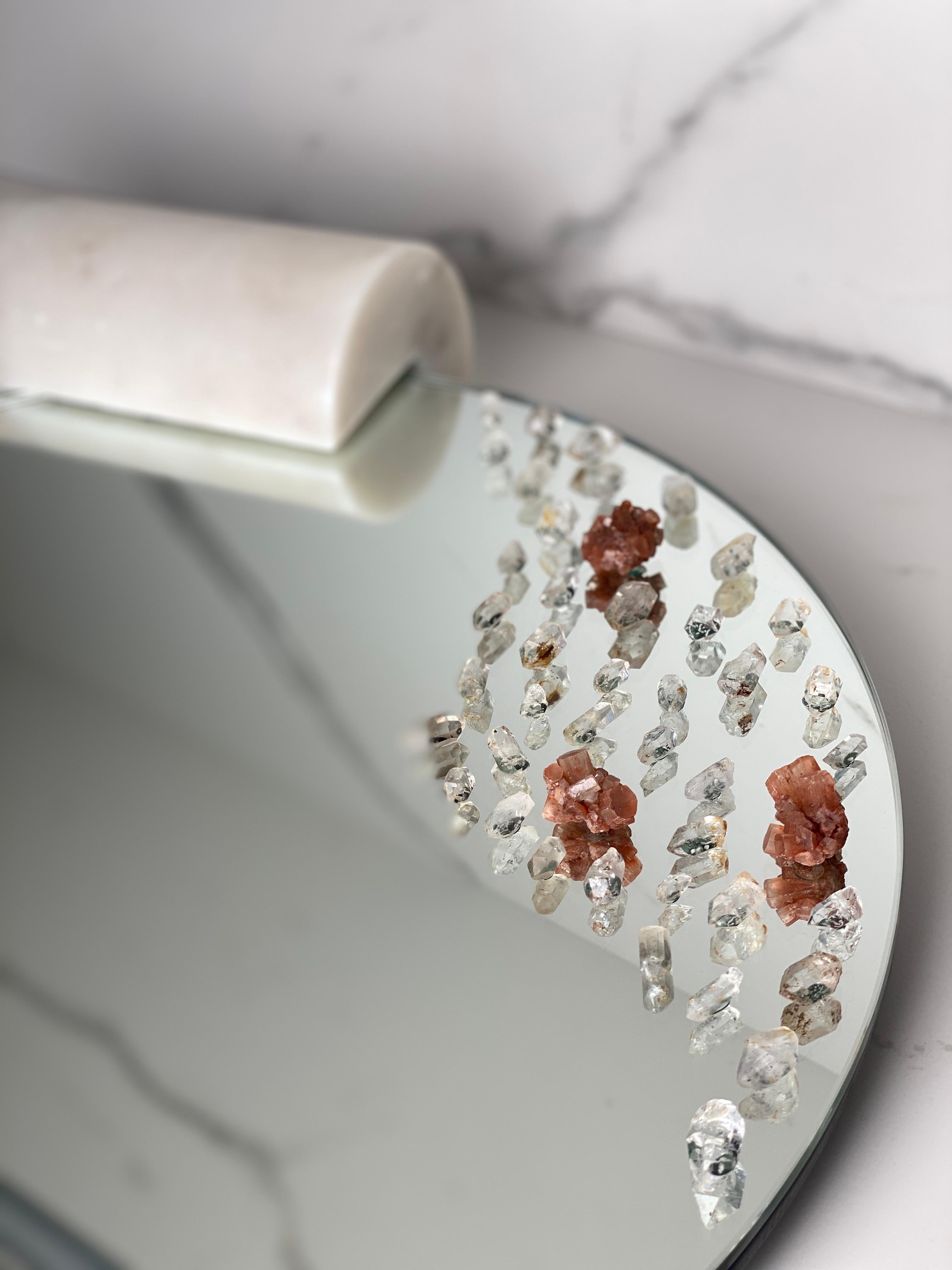 Contemporary Wall Mirror, Adorned with Aragonites, Herkimer Diamonds Handmade by Aline Erbeia For Sale