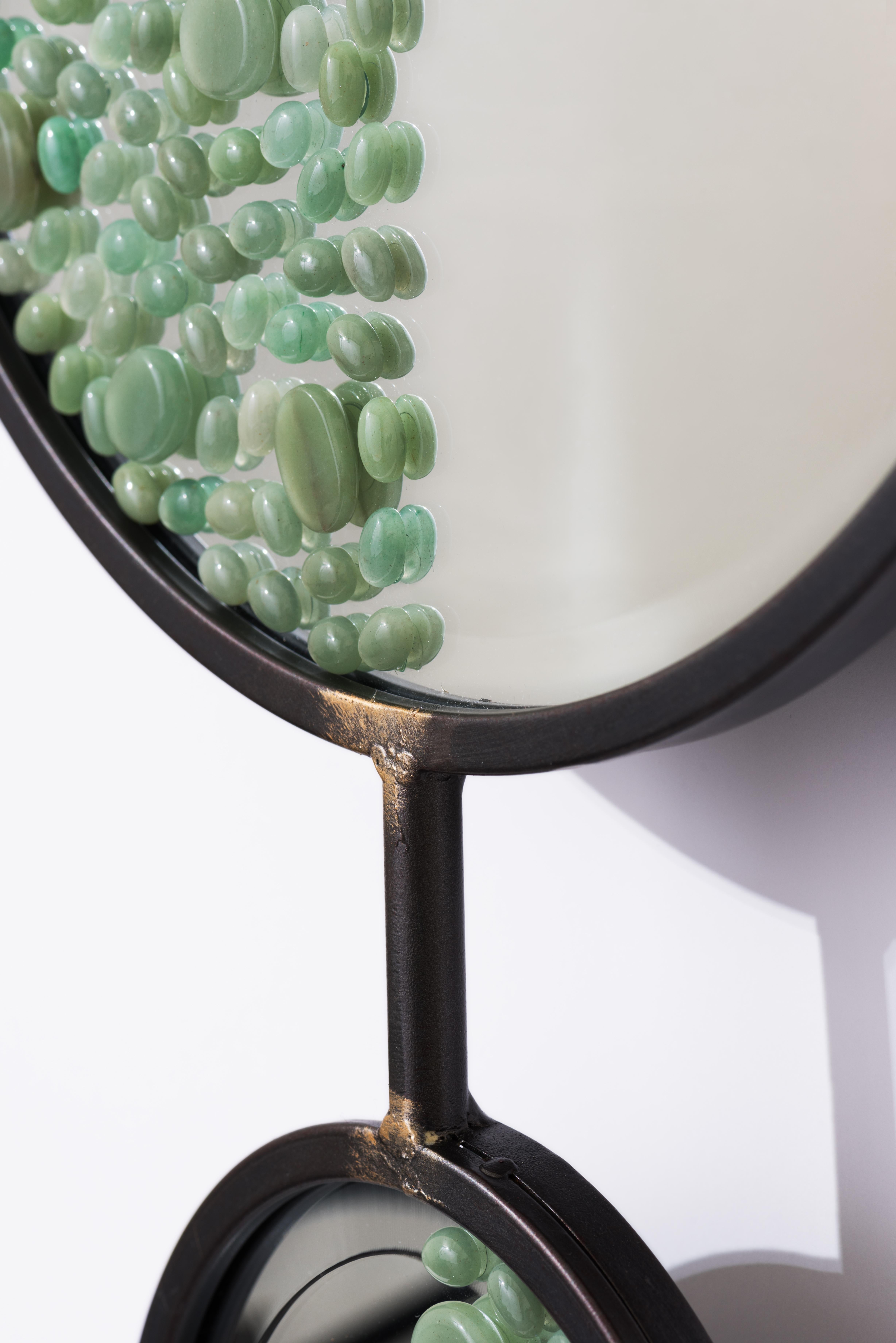 Swiss Wall Mirror, Adorned with Green Aventurines, Handmade by Aline Erbeia For Sale