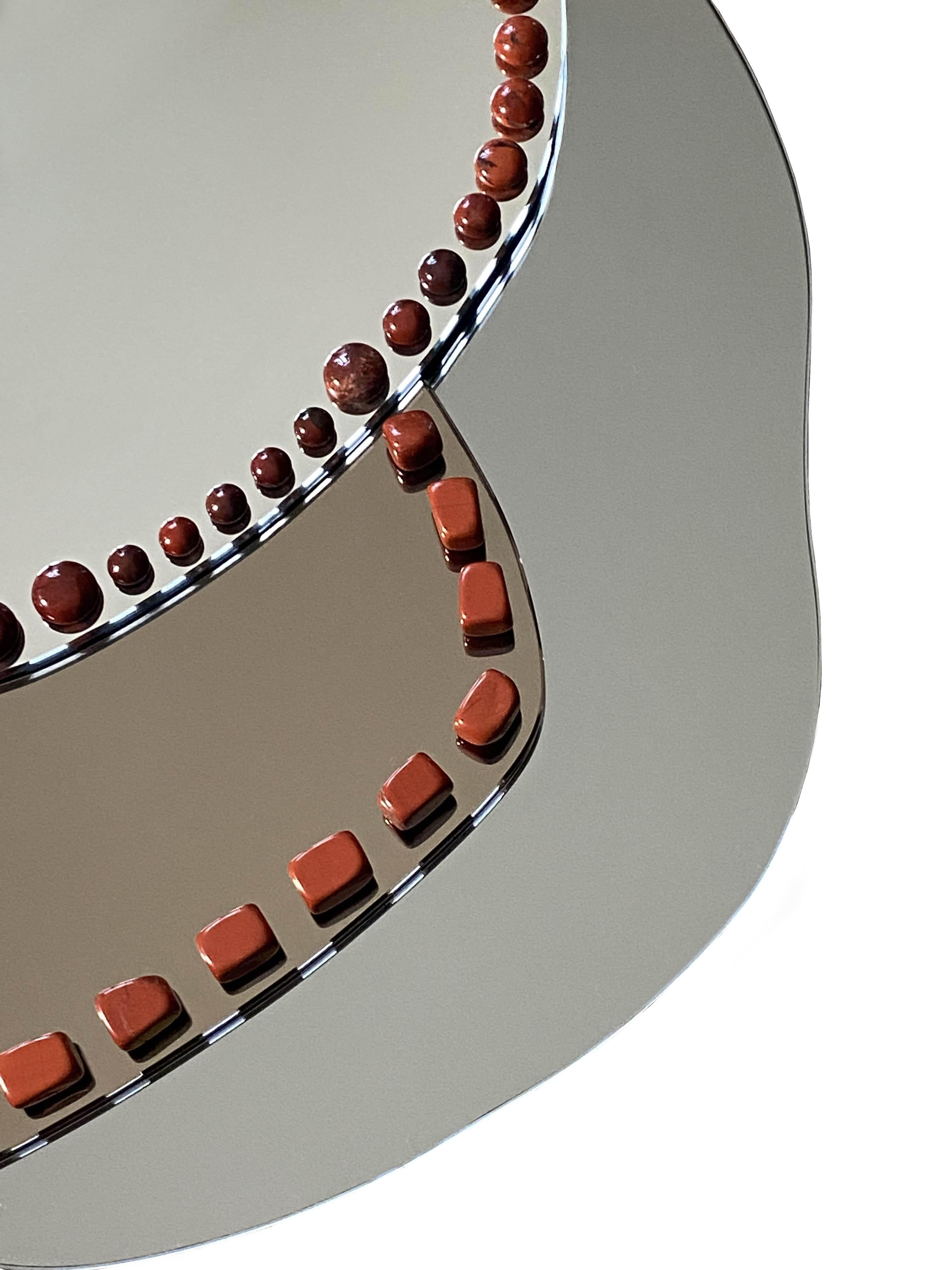 Wall Mirror, Adorned with Red Jasper, Handmade by Aline Erbeia In New Condition For Sale In GENEVA, CH