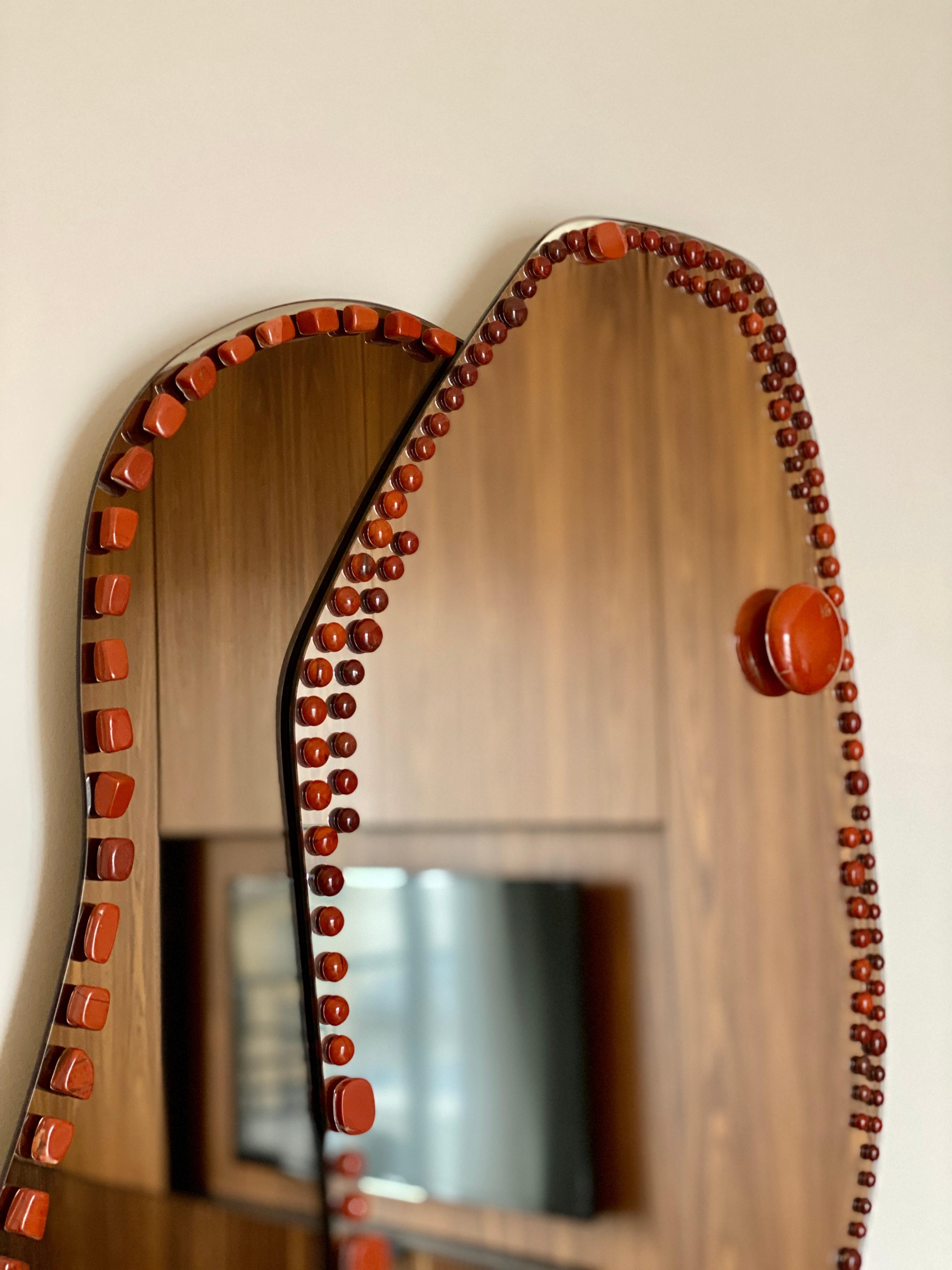 Wall Mirror, Adorned with Red Jasper, Handmade by Aline Erbeia For Sale 1