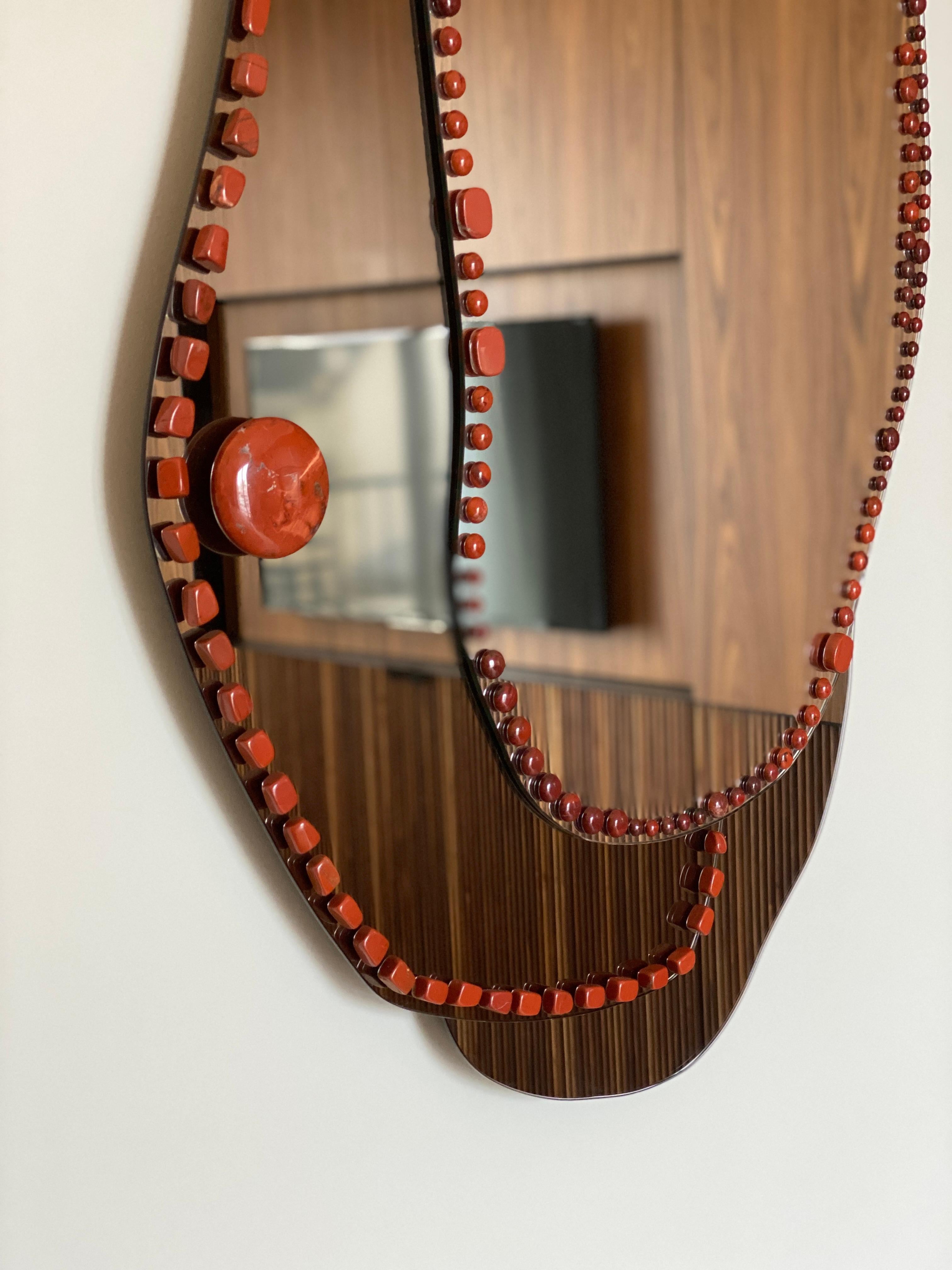 Wall Mirror, Adorned with Red Jasper, Handmade by Aline Erbeia For Sale 2