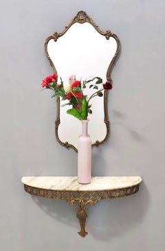 Wall Mirror and Console with Portuguese Pink Marble Top and Brass Frame, Italy