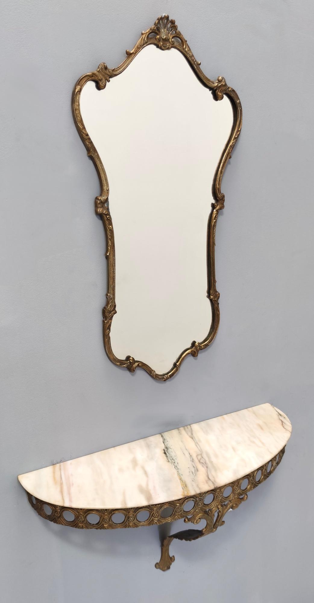 Varnished Wall Mirror and Console with Portuguese Pink Marble Top and Brass Frame, Italy