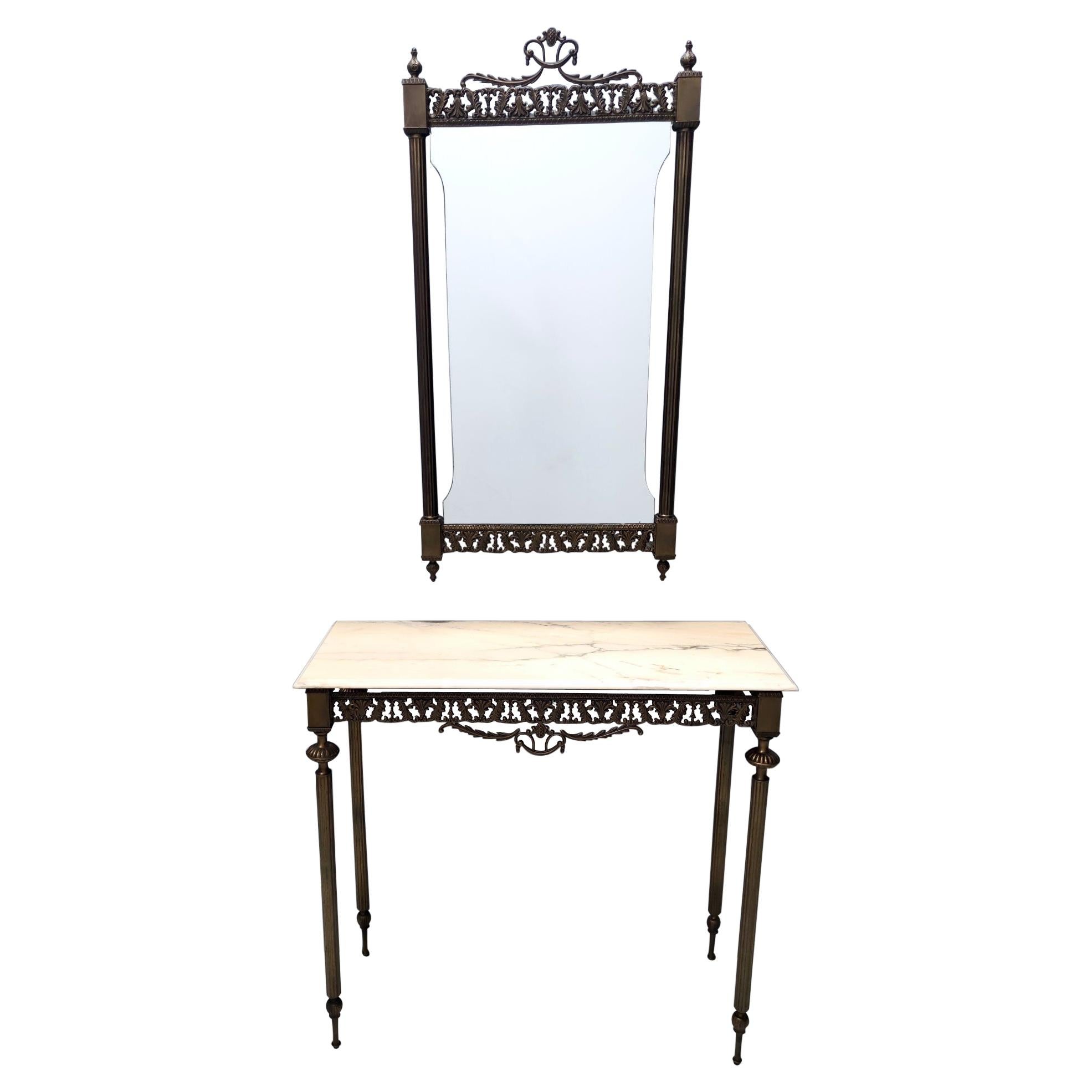 Wall Mirror and Console with Portuguese Pink Marble Top and Brass Frame, Italy