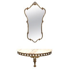 Wall Mirror and Console with Portuguese Pink Marble Top and Brass Frame, Italy