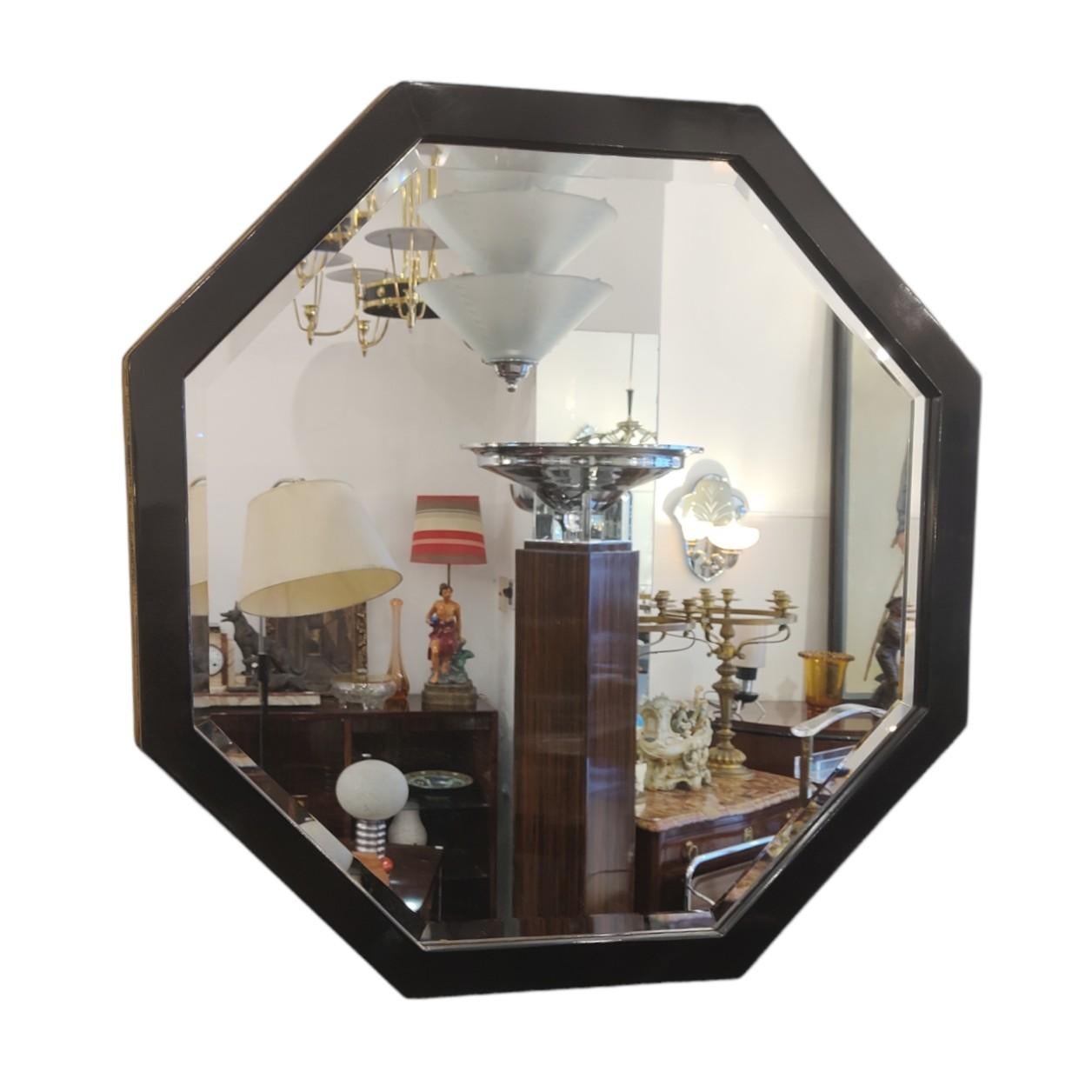 Glass Wall Mirror Art Deco  Lacquered Black Frame For Sale