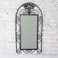 Wall Mirror Black Painted Wrought Iron Frame w/Cast Brass Details & Arched Top