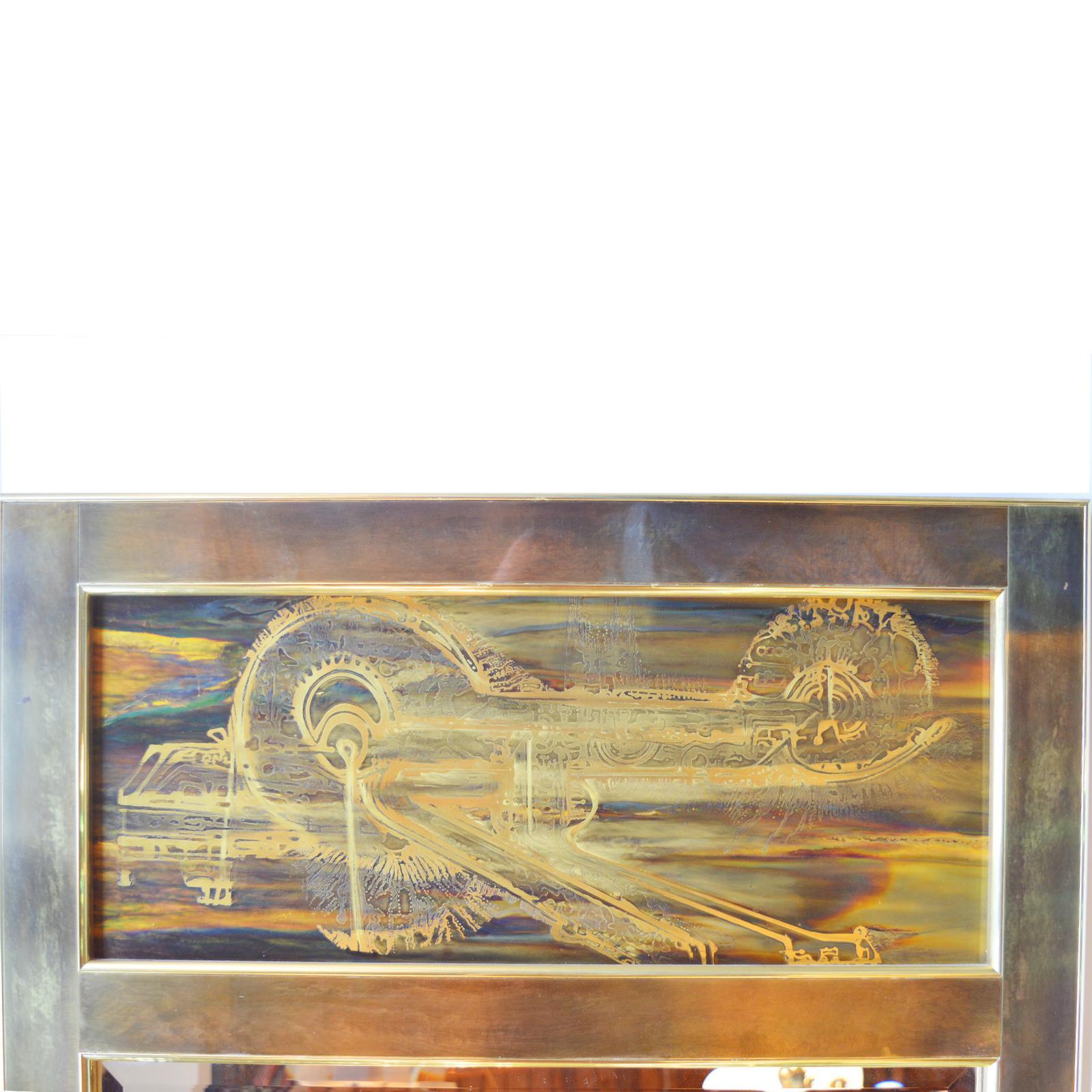 Wandspiegel aus Messing, geätzt von Bernhard Rohne für Mastercraft 1970er Jahre,

Rechteckiger Spiegel im Trumeau-Stil, die obere Platte mit abstraktem, oxidiertem und geätztem Messingdesign über rechteckigem, abgeschrägtem Glas.