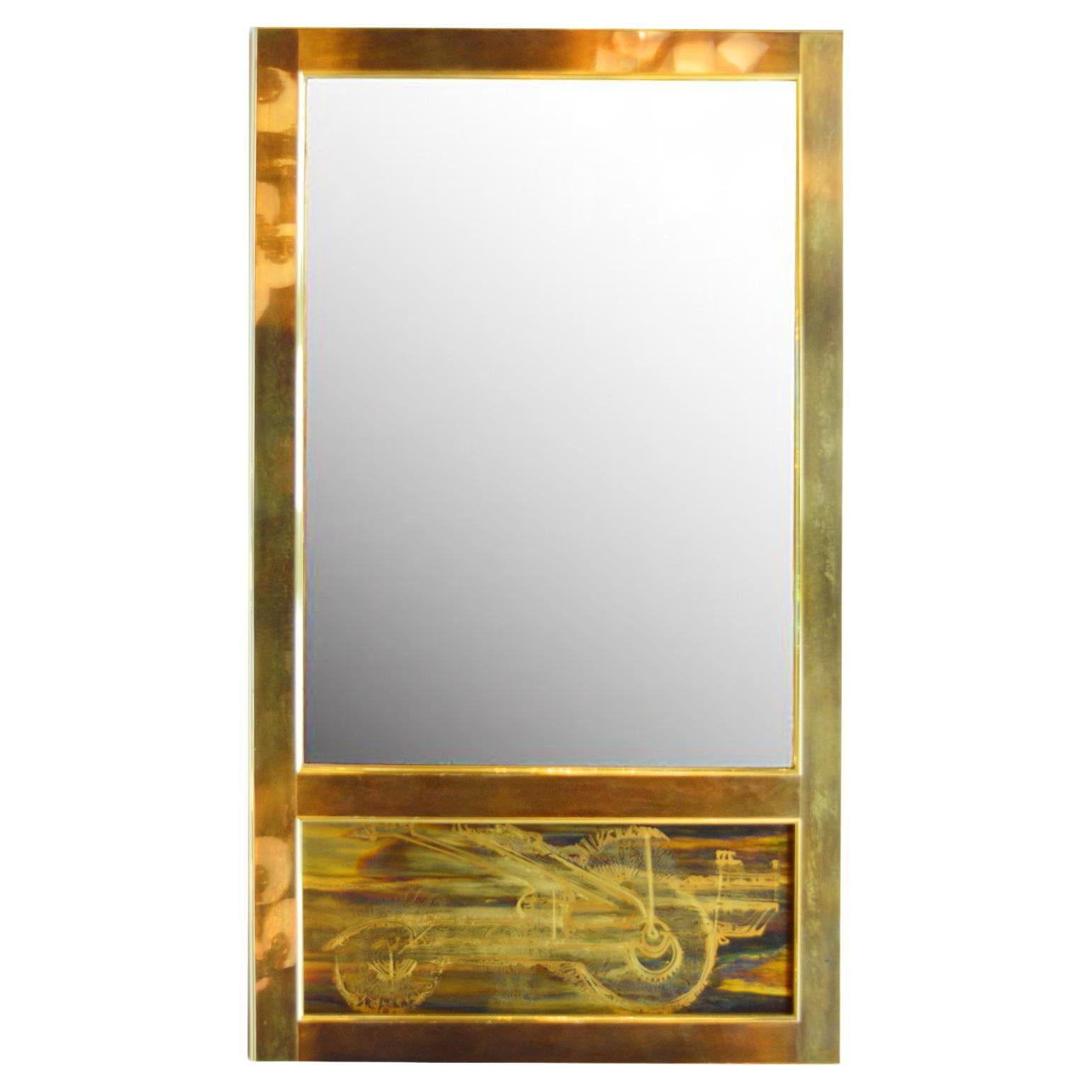 Wall Mirror Brass Acid Etched by Bernhard Rohne for Mastercraft 1970s For Sale
