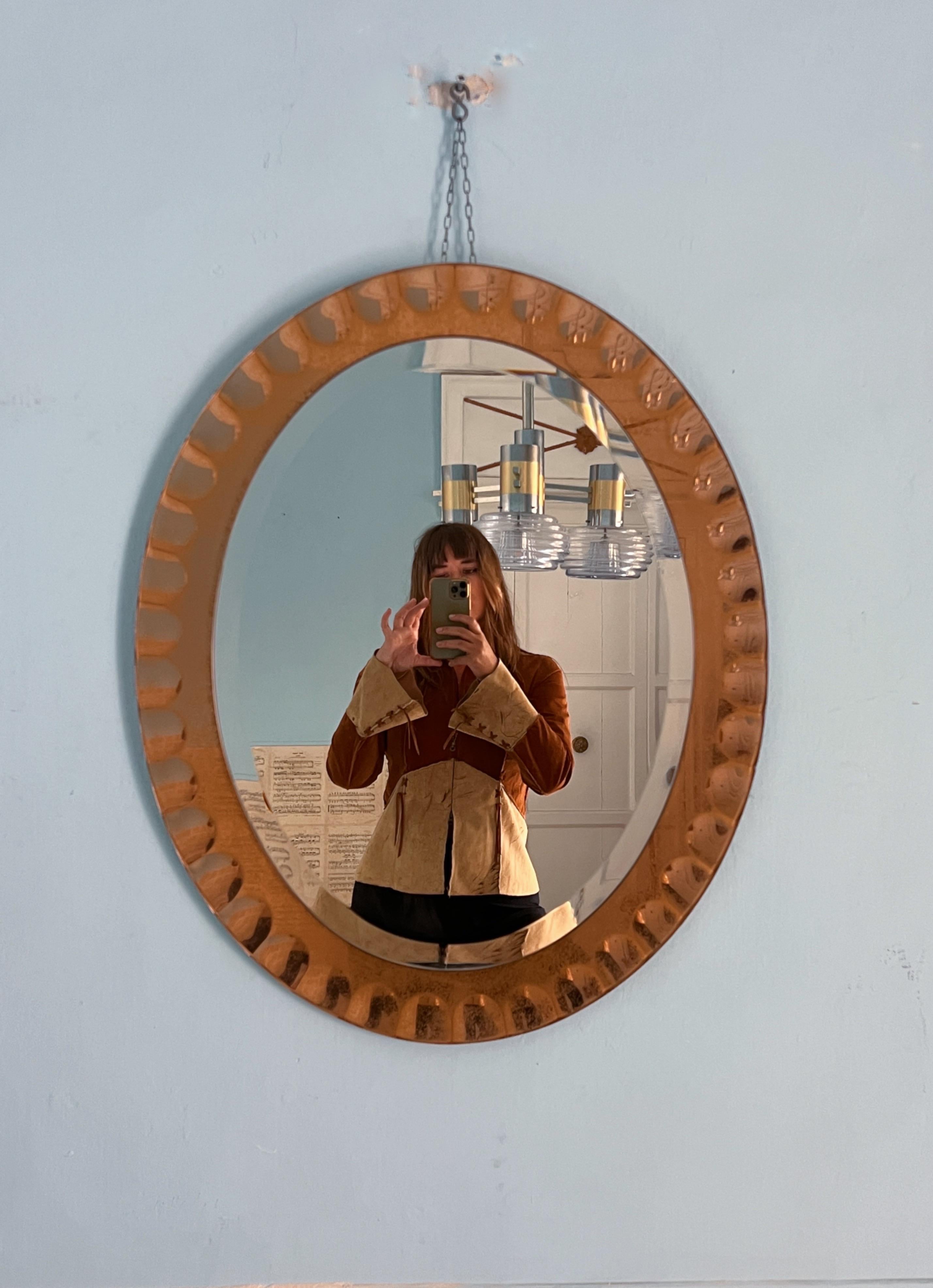 Mid-Century Modern Wall Mirror by Cristal Art, Torino, circa 1960 pink Glass Midcentury For Sale