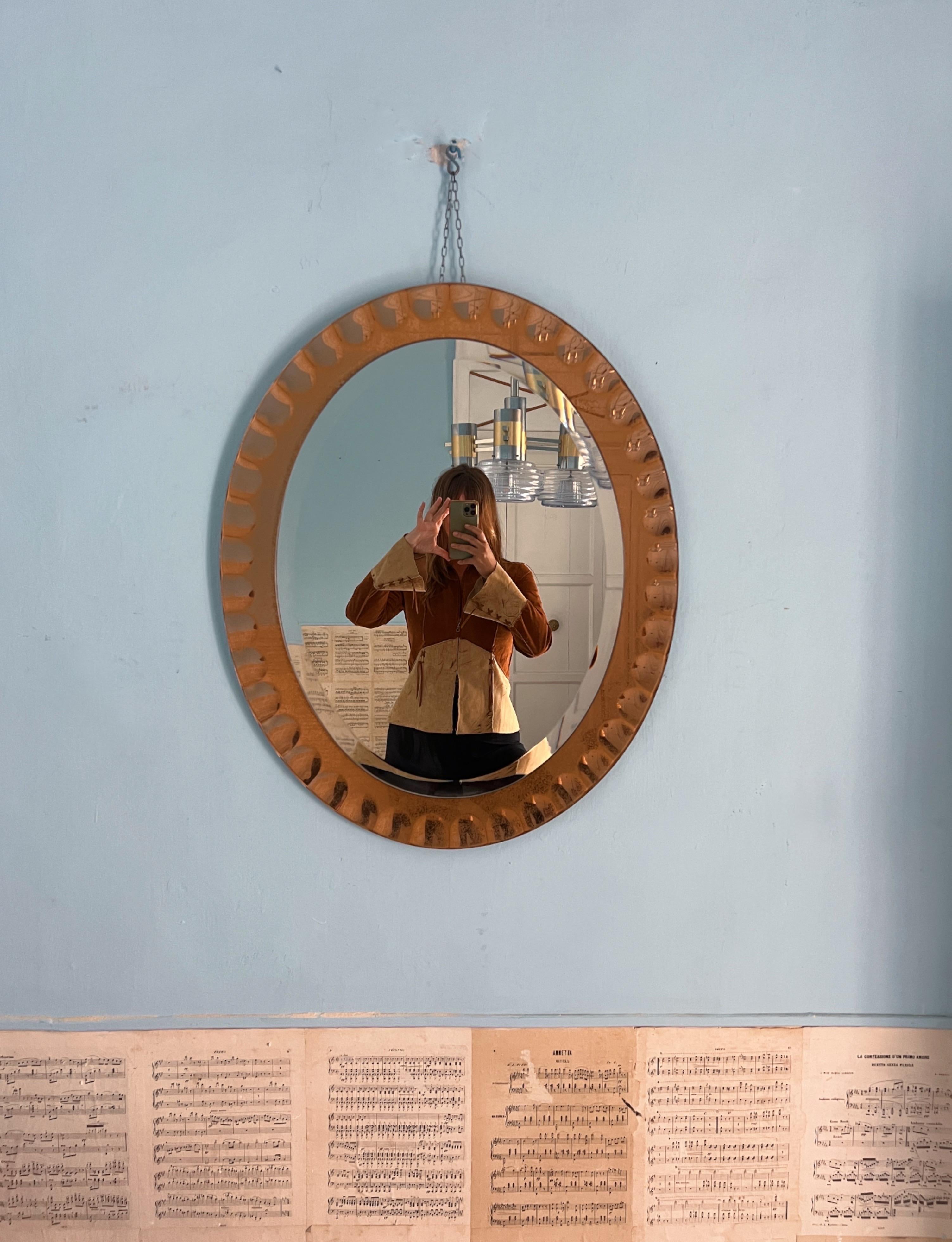 Italian Wall Mirror by Cristal Art, Torino, circa 1960 pink Glass Midcentury For Sale