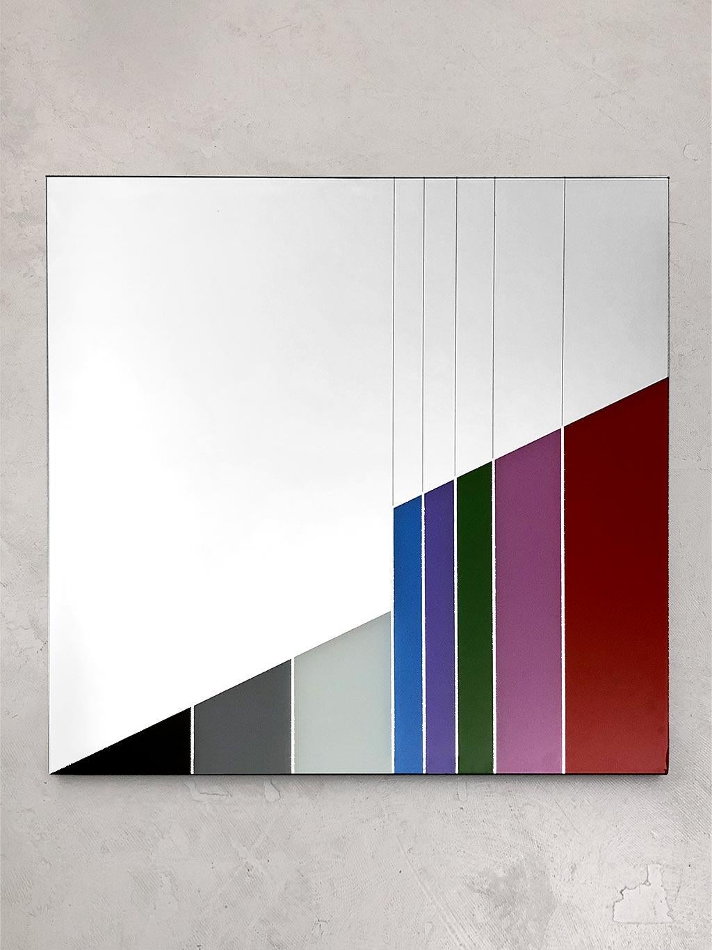 Wall Mirror by Eugenio Carmi for Morphos Collection, Acerbis International. Italy 1980. Polychrome silk-screened. Very good conditions, imperceptible scratch in one corner due to age and use (see zoomed picture).

dim. 90 x 90 cm.