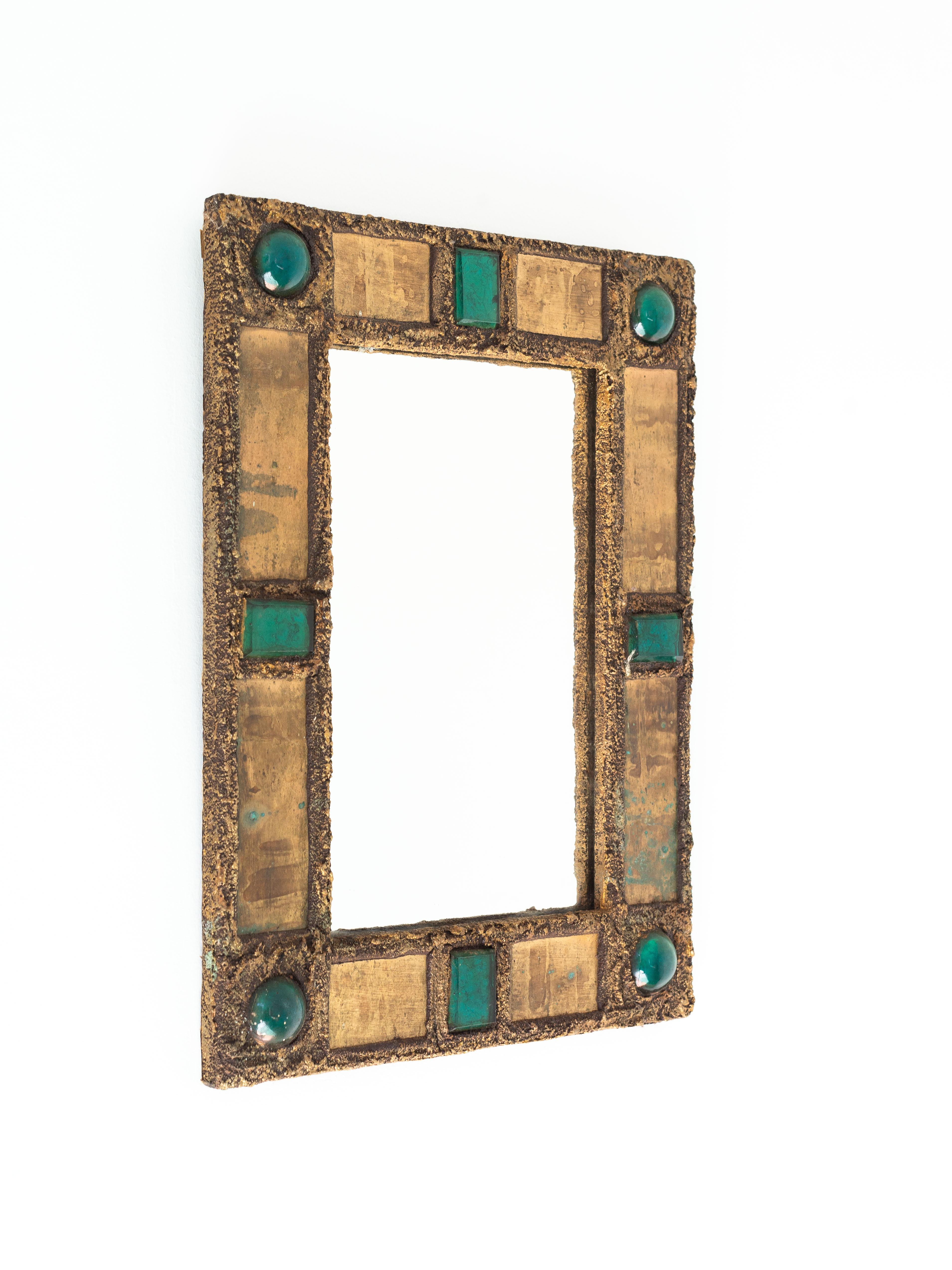Wall Mirror by Irena Jaworska, Copper and Talosel, France 1970s

Rectangular copper and talosel wall mirror decorated with green cabochon resin stones.

Subtle mix of smooth and rough textures on the gilded and copper parts.

Great blend of