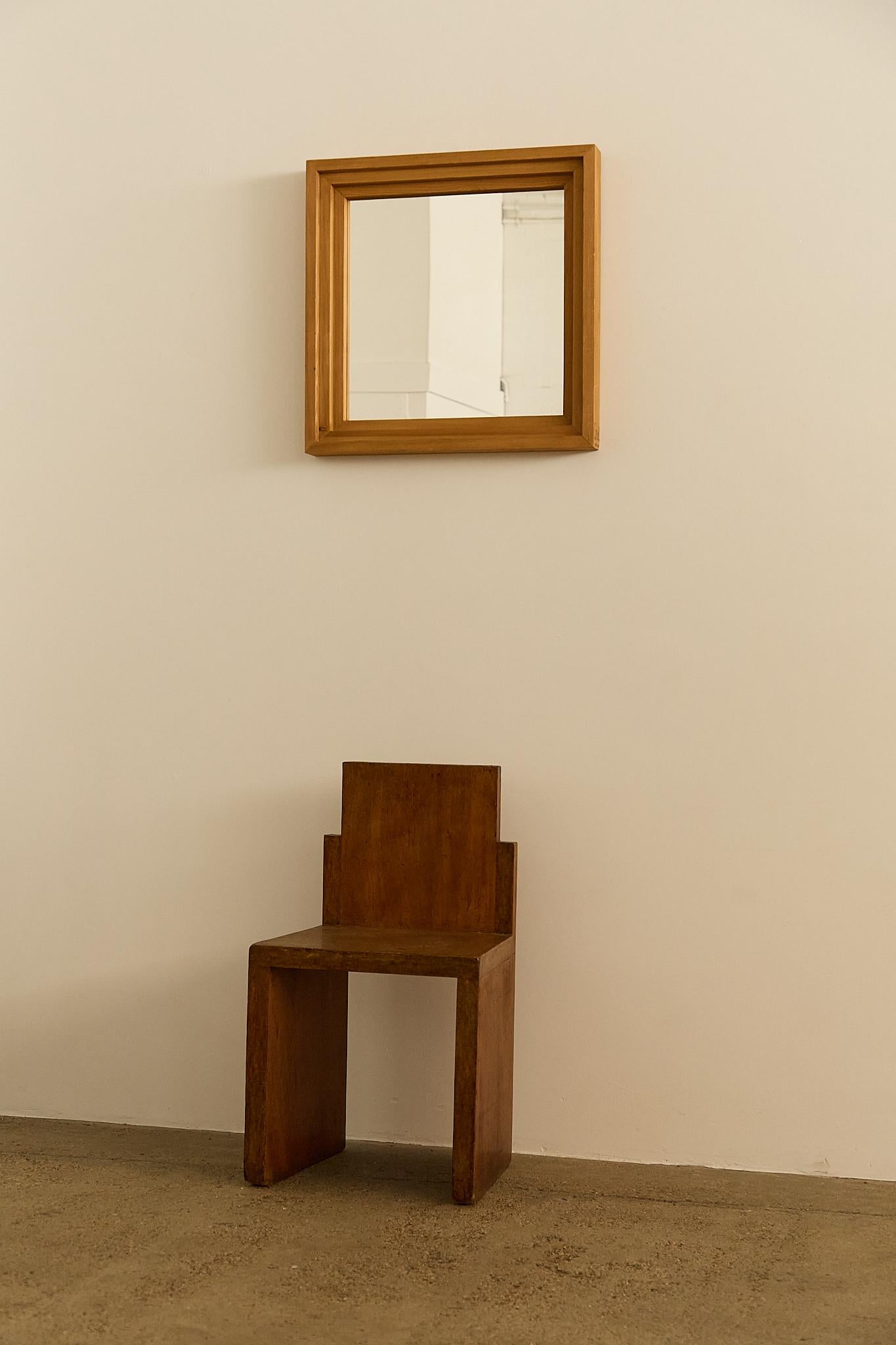 Mirror with a Siberian larch wood frame, part of the Furniture in the Valley series by Mario Ceroli. Features the original Poltronova stamp.