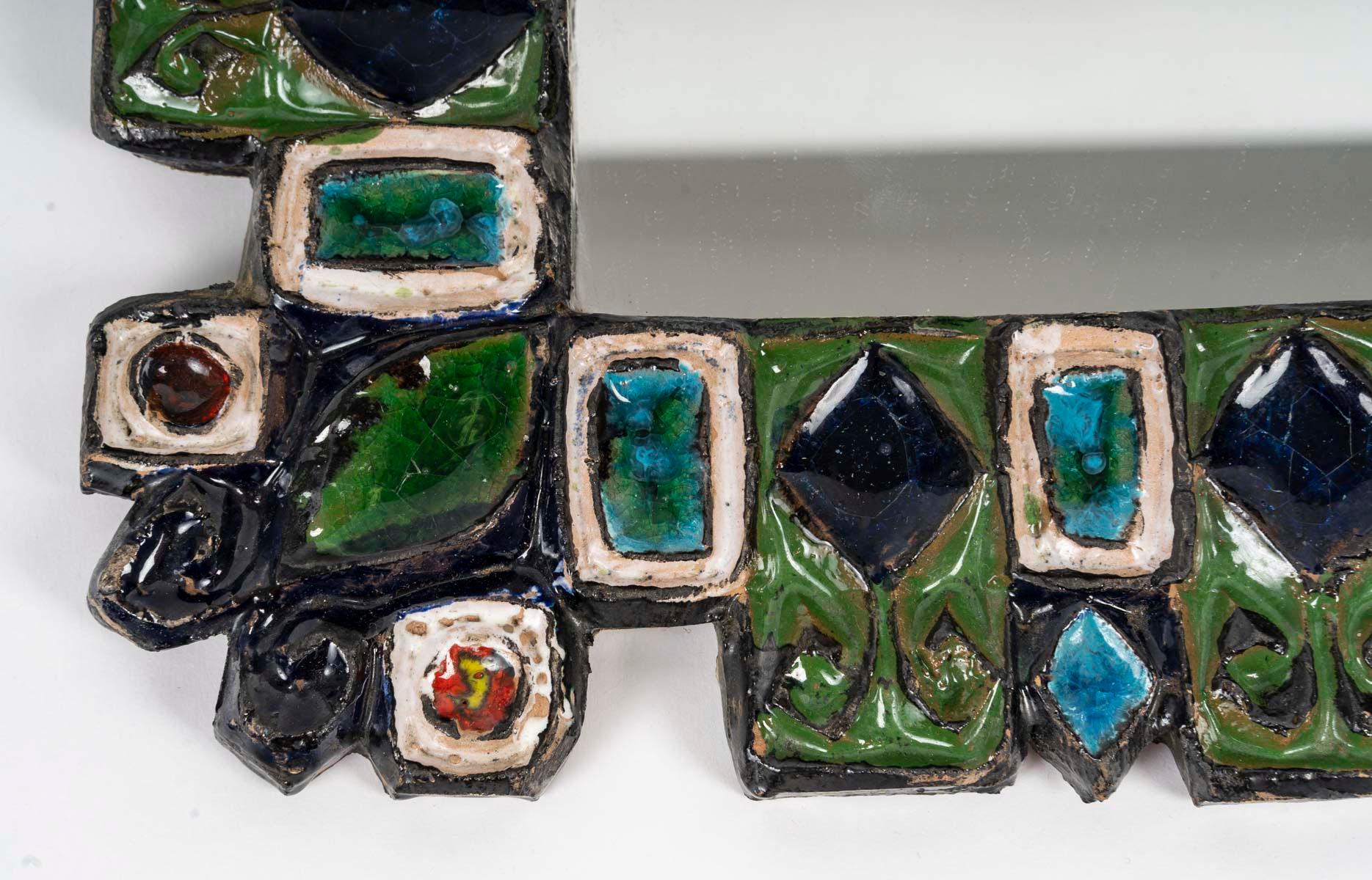 French Wall Mirror by Roland Zobel, circa 1970, Ceramic.