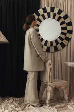 Wall Mirror Checkerboard Straw Marquetry Inlay Handcrafted Decorative Round