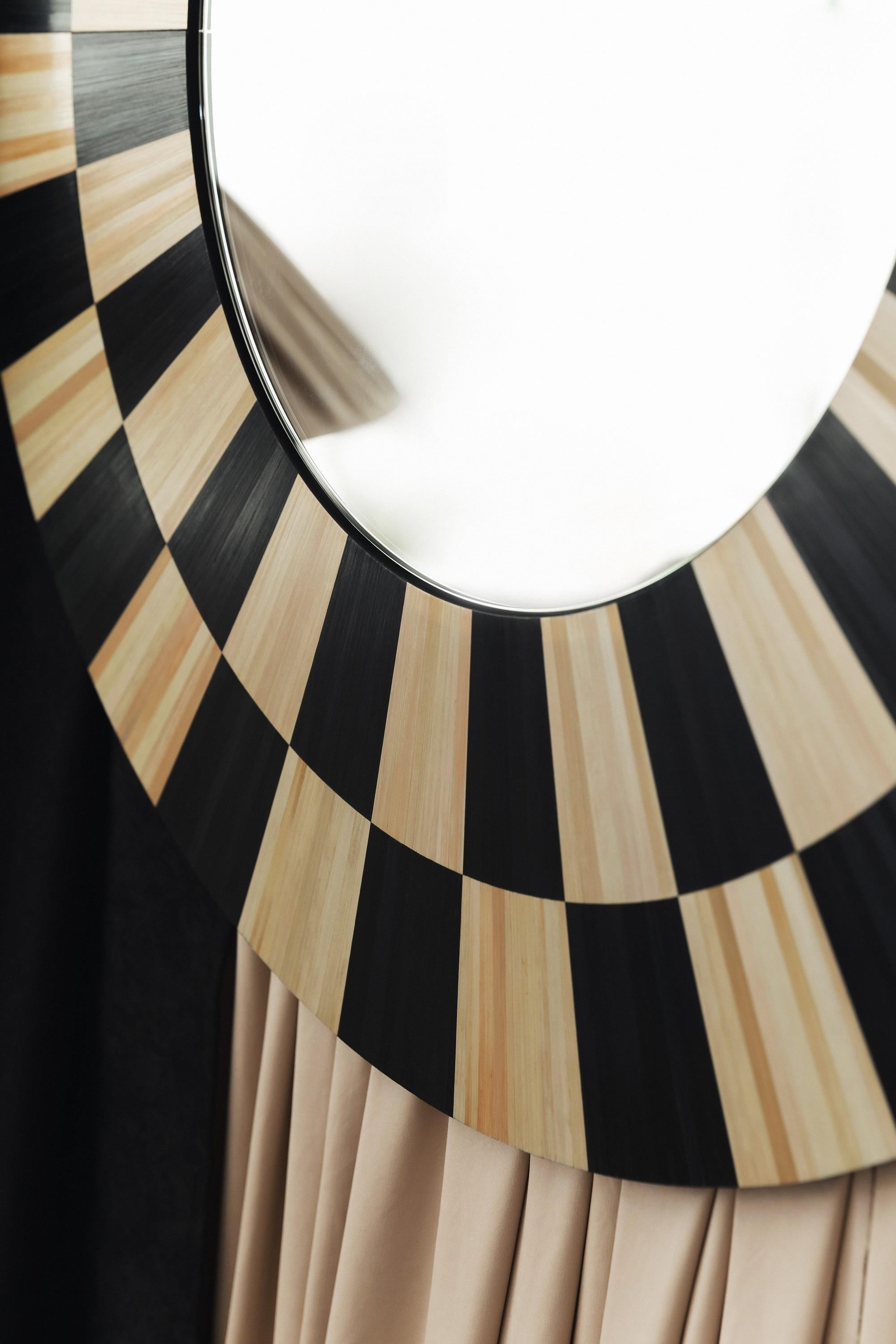 Modern Wall Mirror Checkerboard Straw Marquetry Inlay Handcrafted Decorative Round For Sale