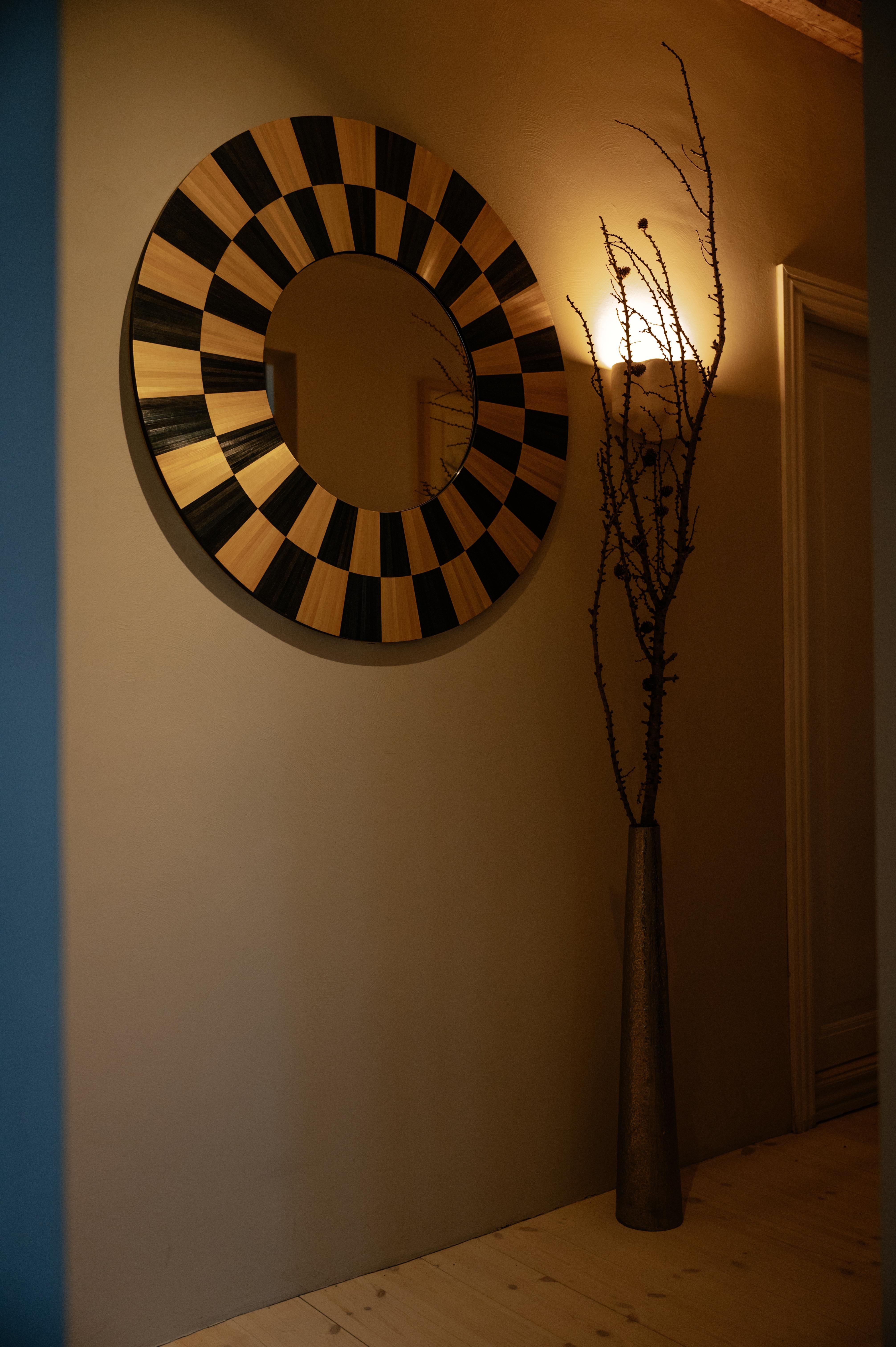 Contemporary Wall Mirror Checkerboard Straw Marquetry Inlay Handcrafted Decorative Round For Sale